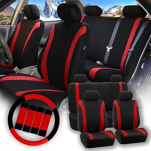 FH Group Juego completo de fundas de asiento de automóvil, fundas de asiento de tela plana cosmopolitan, accesorios de automóvil, combo rojo de