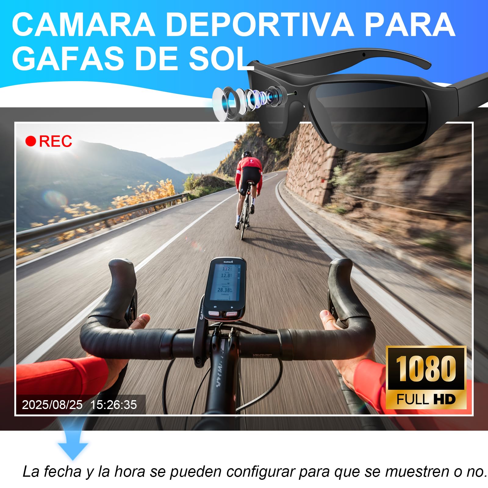 Cámara Deportiva con Gafas de Sol HD 1080P, Mini Cámara de Acción con Gafas