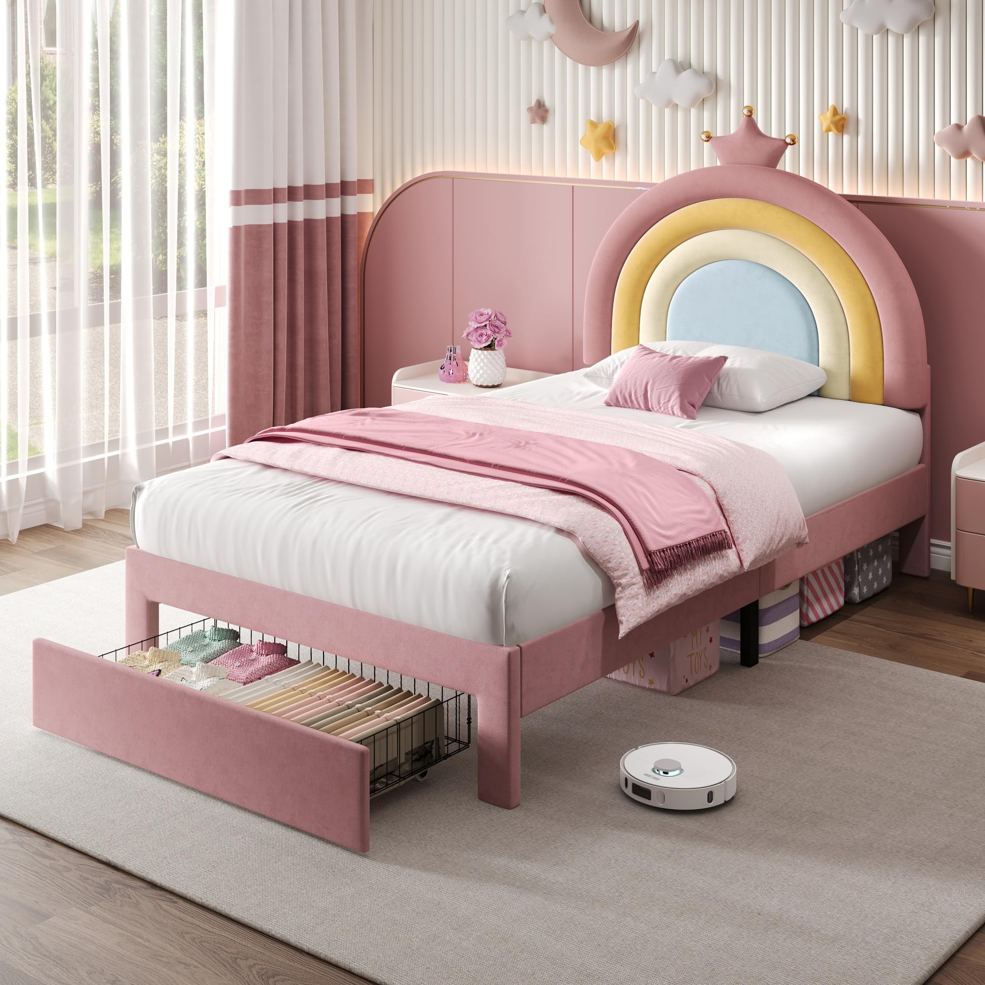 Merax 3ft Single Upholstered Bed with Adjustable Rainbow Headboard, 90x190cm Pink Velvet Bed Frame with Storage Drawer, No Box Spring Needed, Stylish Crown Design – Easy Assembly (No Mattress)