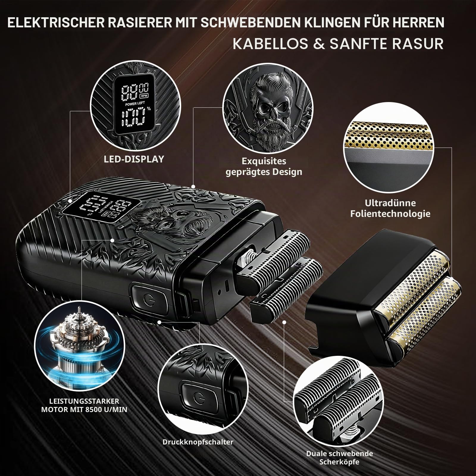 BESTBOMG Professionelle Schnurlose Herren Haarschneidemaschine & Bartschneider und Elektrische Rasierer Sets & Kits, Metall Haarschneidemaschine Schneide- und Pflegeset mit langer Akkulaufzeit für den