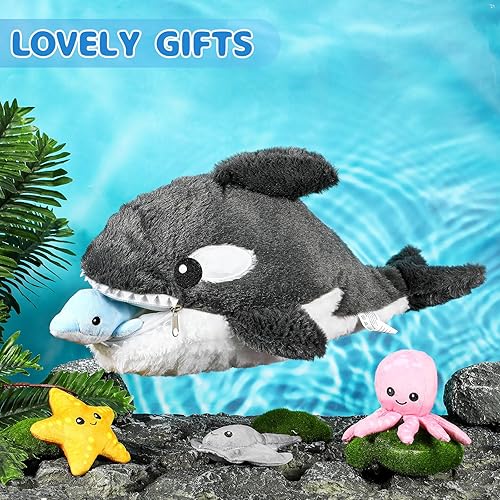 Miniatura 5 de Syhood El juego de 5 piezas de animales de peluche de mar incluye 1 muñeca grande de peluche de ballena con estrella de mar pequeña, delfín, pulpo,