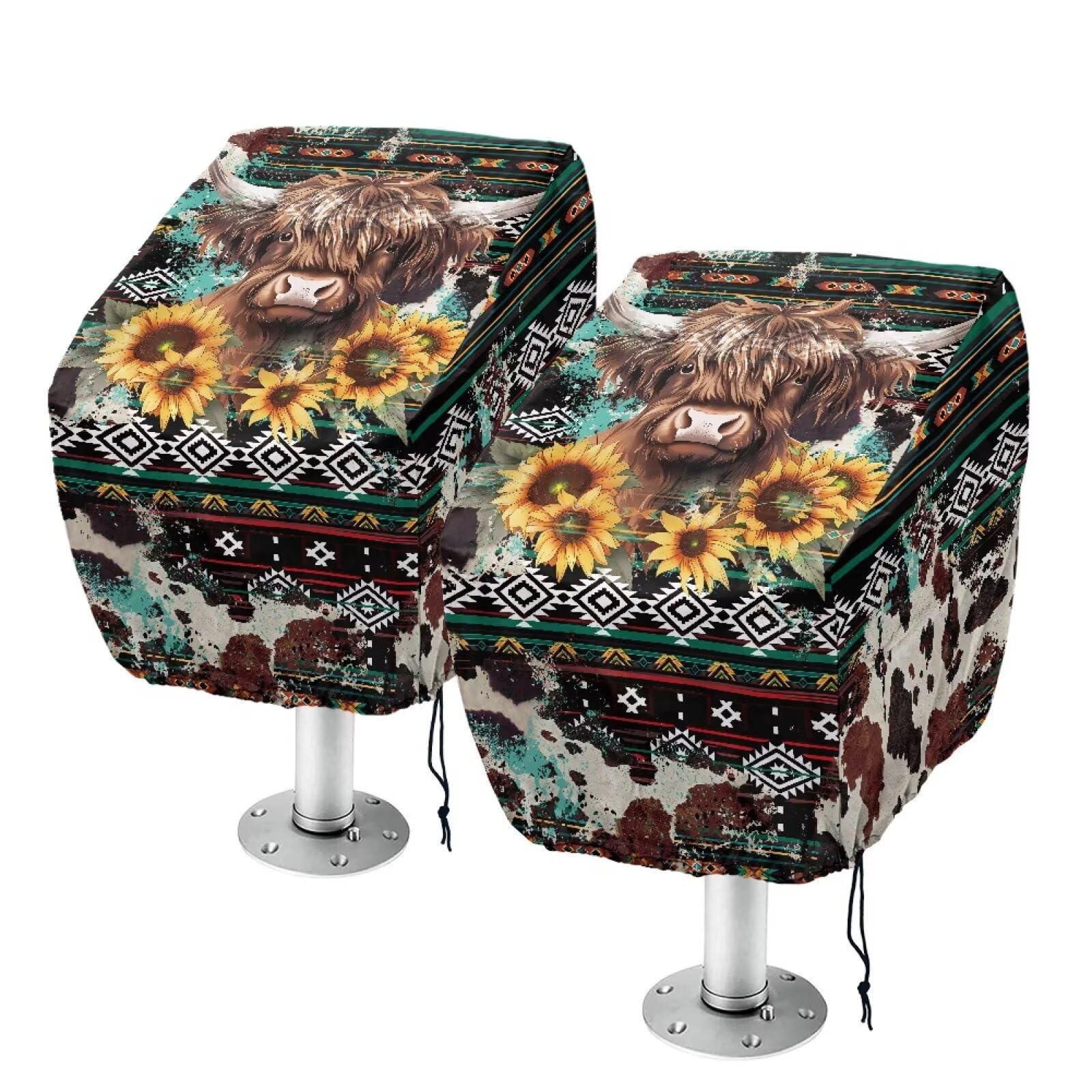 Boatee 2pcs Boat Seat Cover Highland Cow Sunflower Captain Chair Helmsman Dust Waterproof Furniture Brown Navajo Boat Seats Fishing Chair Covers for High-Back Folding Boat Seat