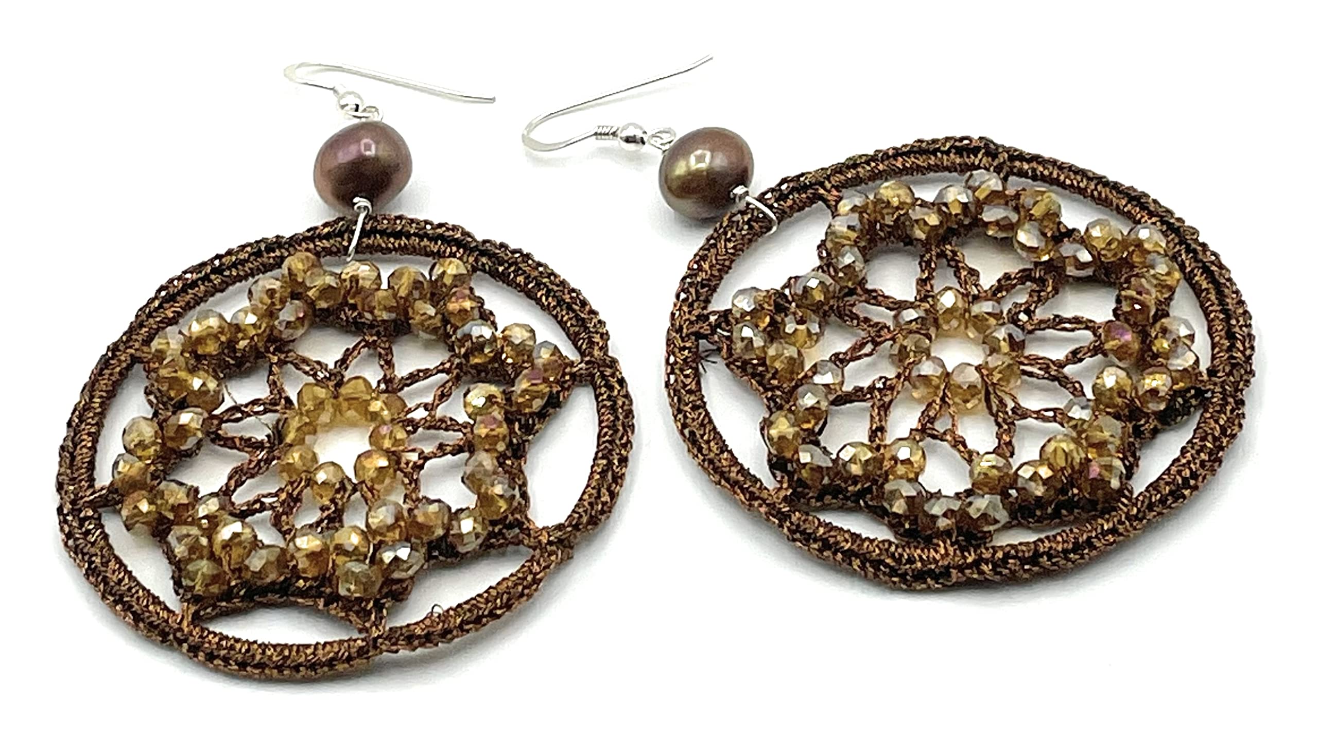 Orecchini Grandi Fiori all'Uncinetto e Perle Marroni, Pendenti in Argento 925, Gioielli Artigianali, Bijoux