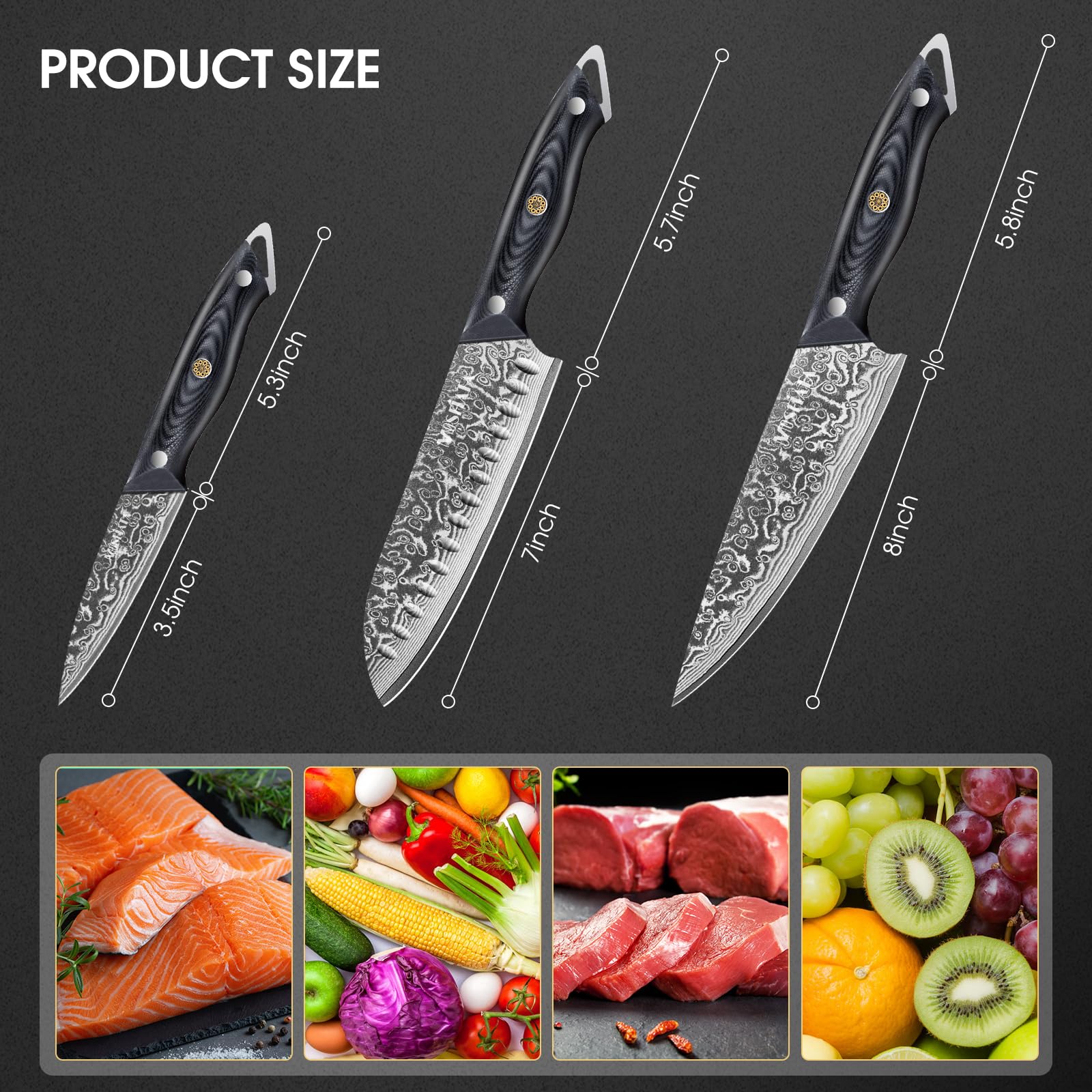 MOSFiATA Zestaw noży damasceńskich, nóż szefa kuchni 20 cm, nóż Santoku, 8 cali, nóż do owoców, stal damasceńska VG10, zestaw upominkowy z ochroną palców i ściereczką