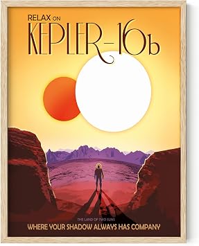 HAUS AND HUES Kepler 16b Space Poster NASA JPL Sci-Fi Art, Futuristic Space Exploration Print, Retro Futurism Travel Decor, Cosmic Wall Illustration Beige Frame, 12x16