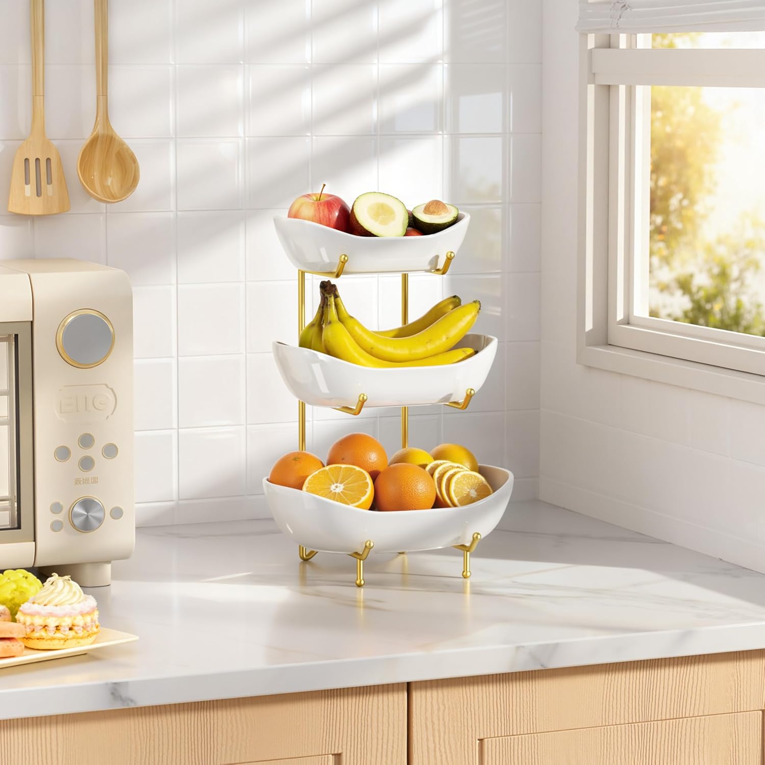 3 Tier Ceramic Fruit Bowl for Kitchen Counter – Fruit Basket with Gold Metal Stand, Fruit Holder for Snacks, Nuts, Cakes, Desserts, Bread, Candy Storage