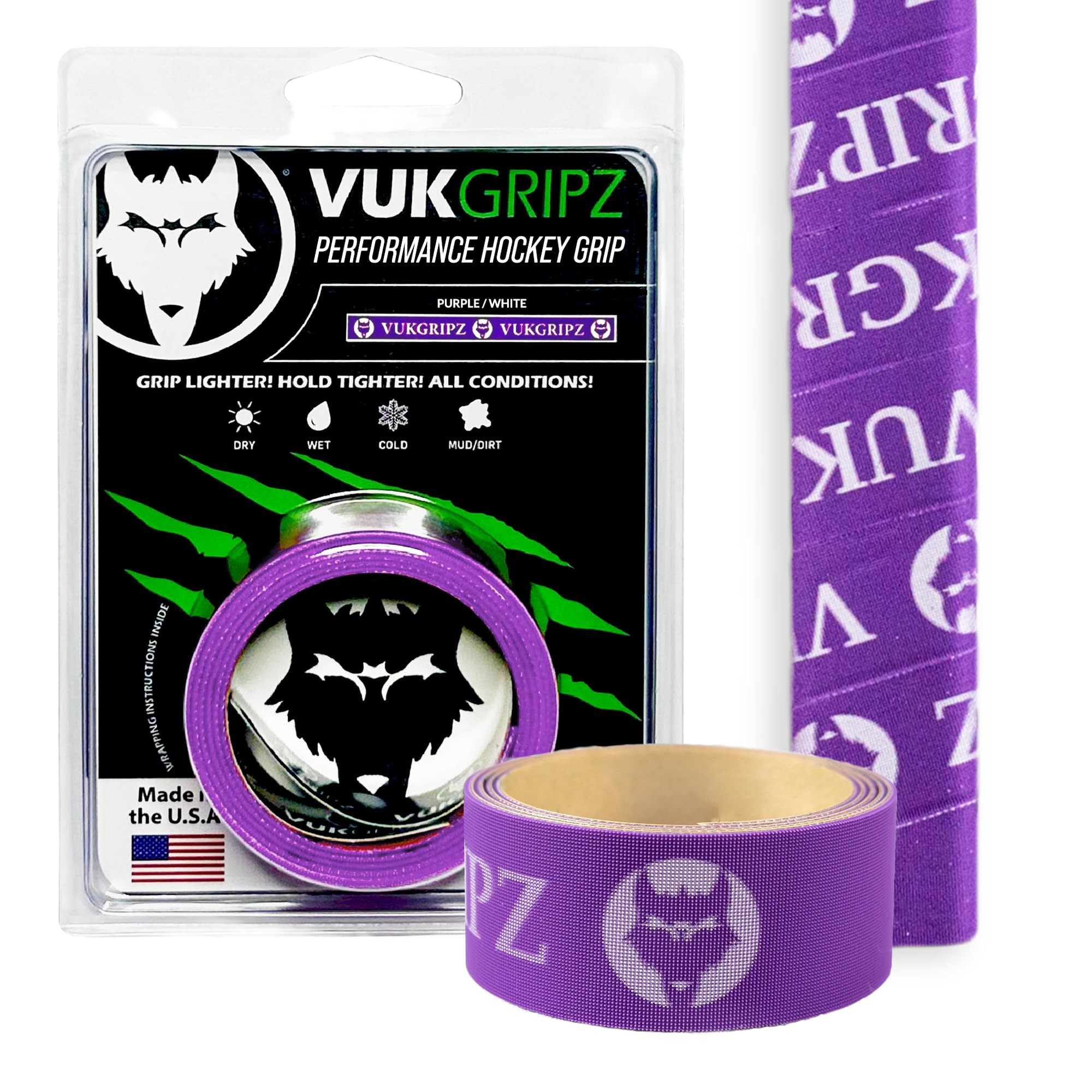VukGripz Hockey Tape - Non-Sticky, Friction-Based, Moisture-Wicking Ice Hockey Grip Tape with Edge-to-Edge Adhesive, Reusable & Glove-Friendly, Thin