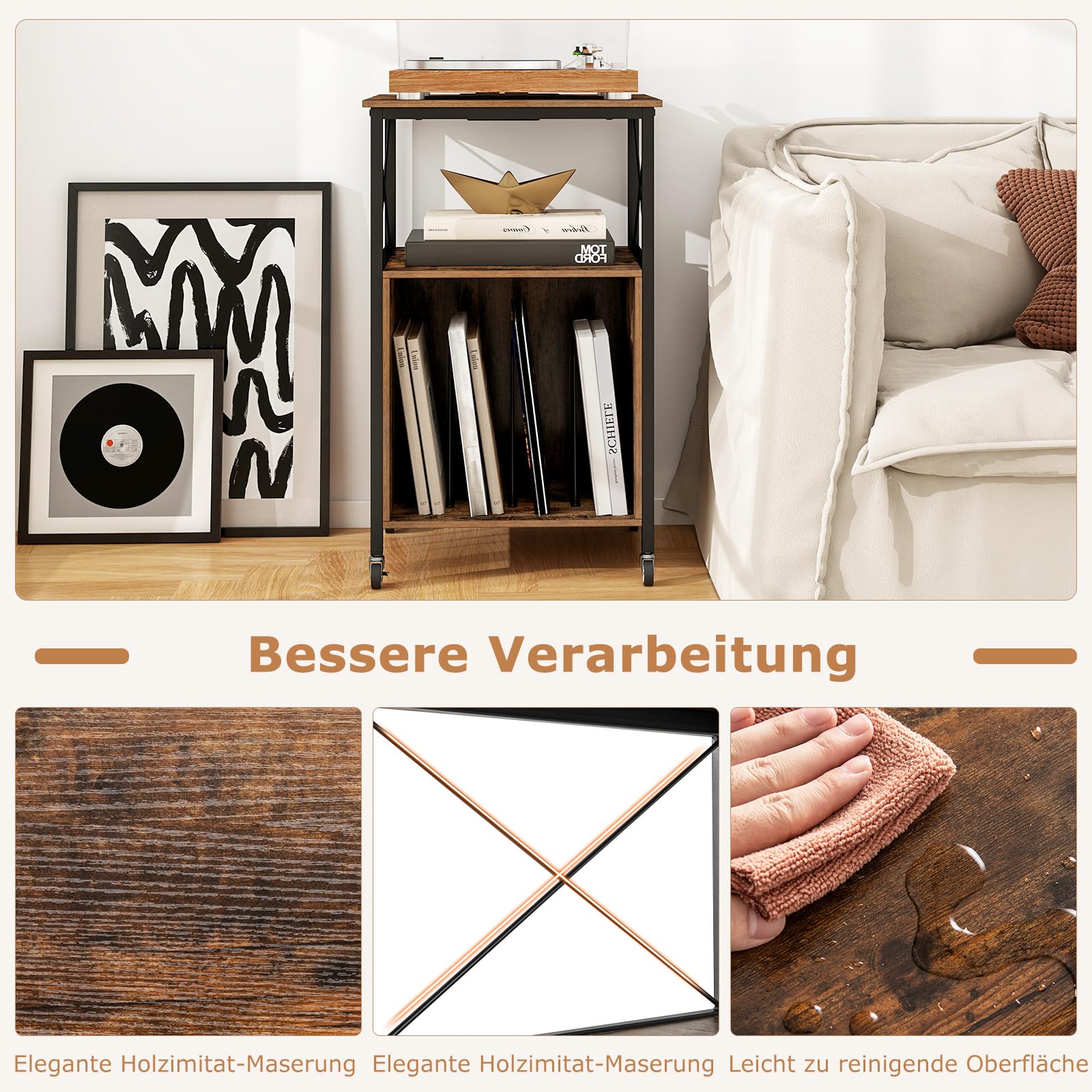 COSTWAY Schallplatten Aufbewahrung Ständer, Schallplattenständer mit integrierter Ladestation, Beistelltisch Holz, Plattenspieler-Stand für Vinyl, Brown Records Regal für Wohnzimmer Schlafzimmer