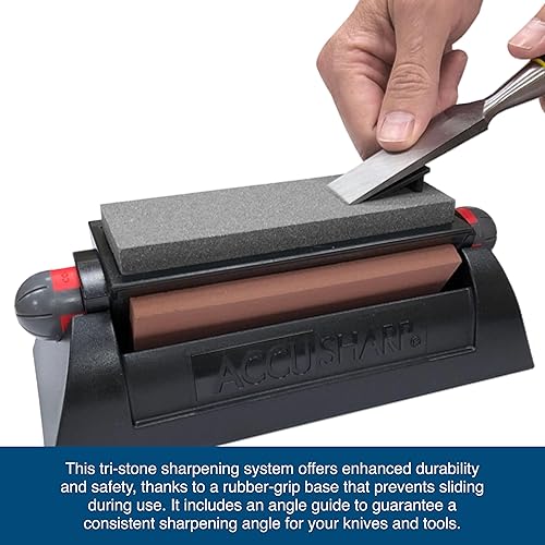 Miniatura 4 de AccuSharp Sistema de afilado de cuchillos y herramientas de piedra – Kit de afilador de cuchillos de tres piedras con base de agarre de goma