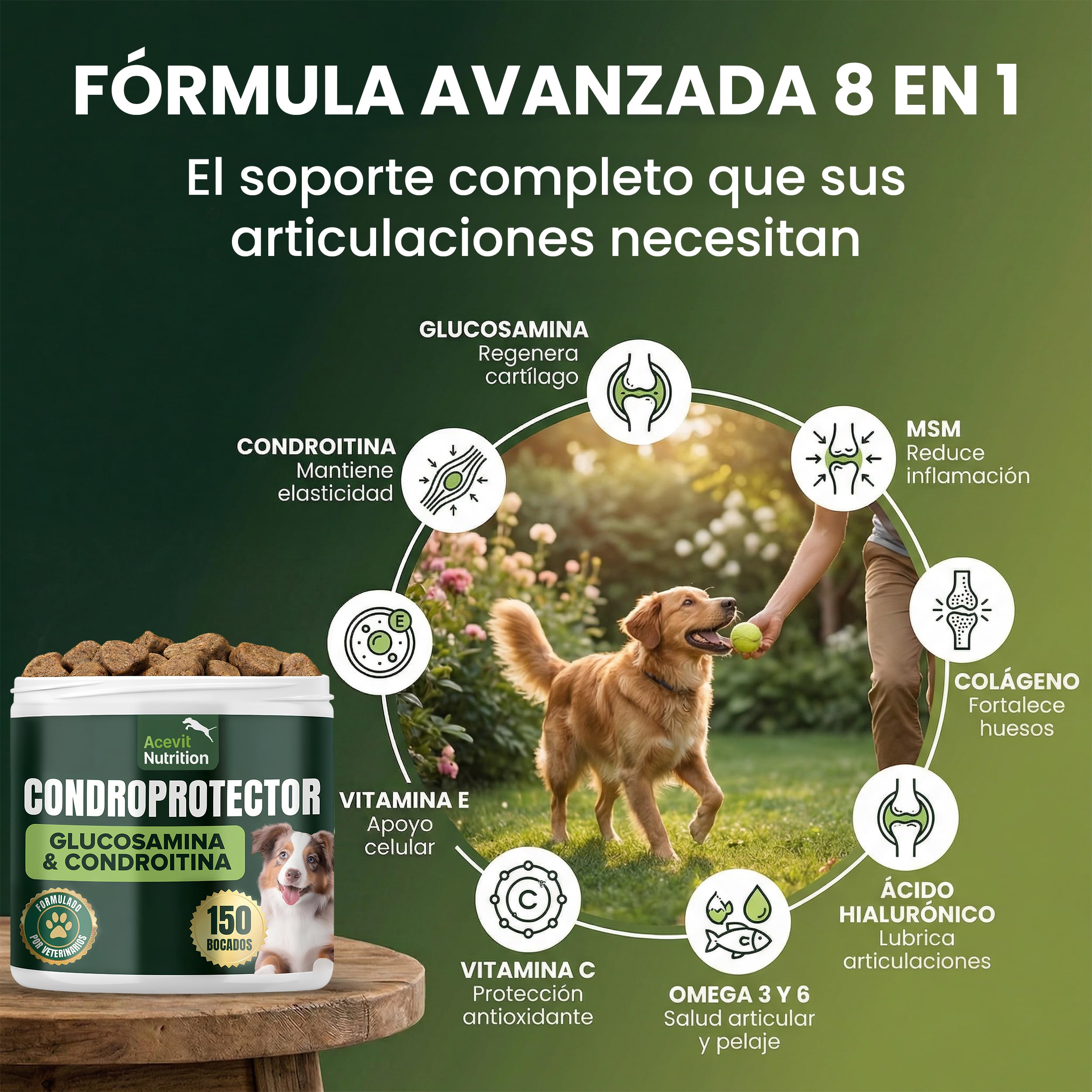Condroprotector para Perros, 150 Unidades, 100% Natural, Antiinflamatorio, Articulaciones y Cartílagos, Antiartrosis con Colágeno, Glucosamina, Condroitina, MSM, Ácido Hialurónico, Omega 3 y 6
