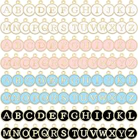 104 peças de pingentes de letras para fazer joias, 4 conjuntos de pingentes do alfabeto A-Z para pulseiras, letras esmaltadas de dois lados iniciais para fazer brincos de colar DIY (preto