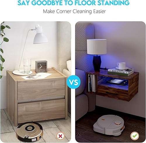 Miniatura 6 de Mesita de noche con estación de carga y tiras LED, mesa de 21.3 pulgadas con cajones, mesita de noche flotante con puertos USB y tomas, muebles de