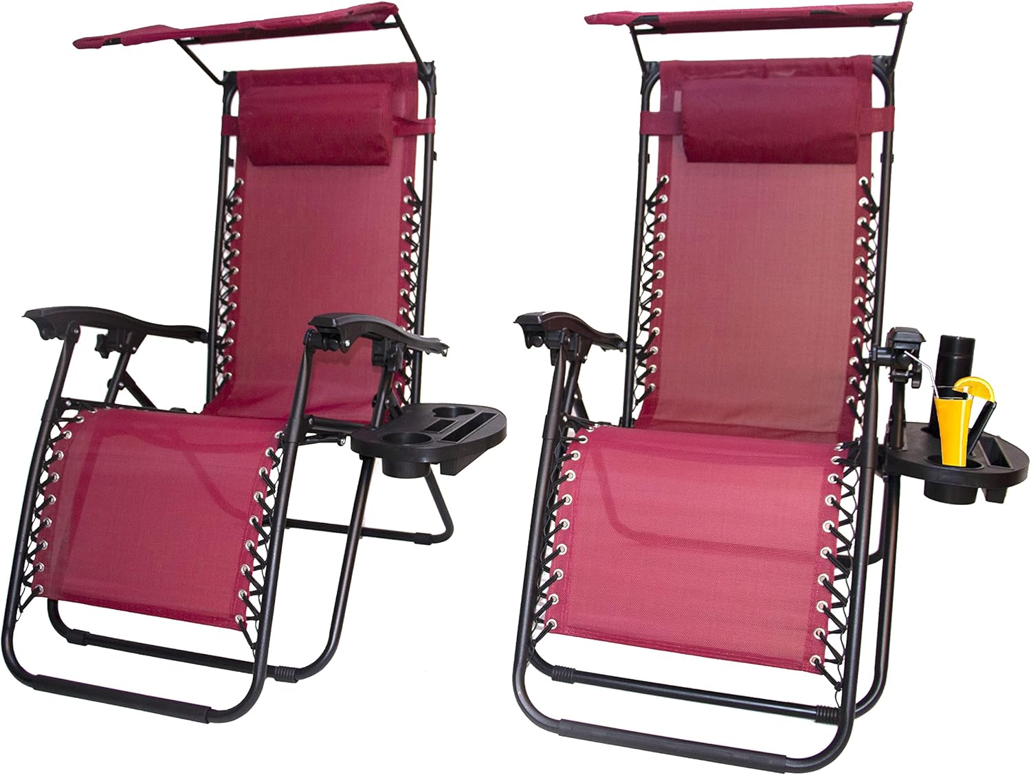 BTEXPERT Set of 2, Adjustable Steel Mesh Zero Gravity Lounge Chairs Case Outdoor Patio Recliner Beach Yard Garden with Pillow Sunshade Utility Tray Cup Holder (Red Burgundy with Canopy)