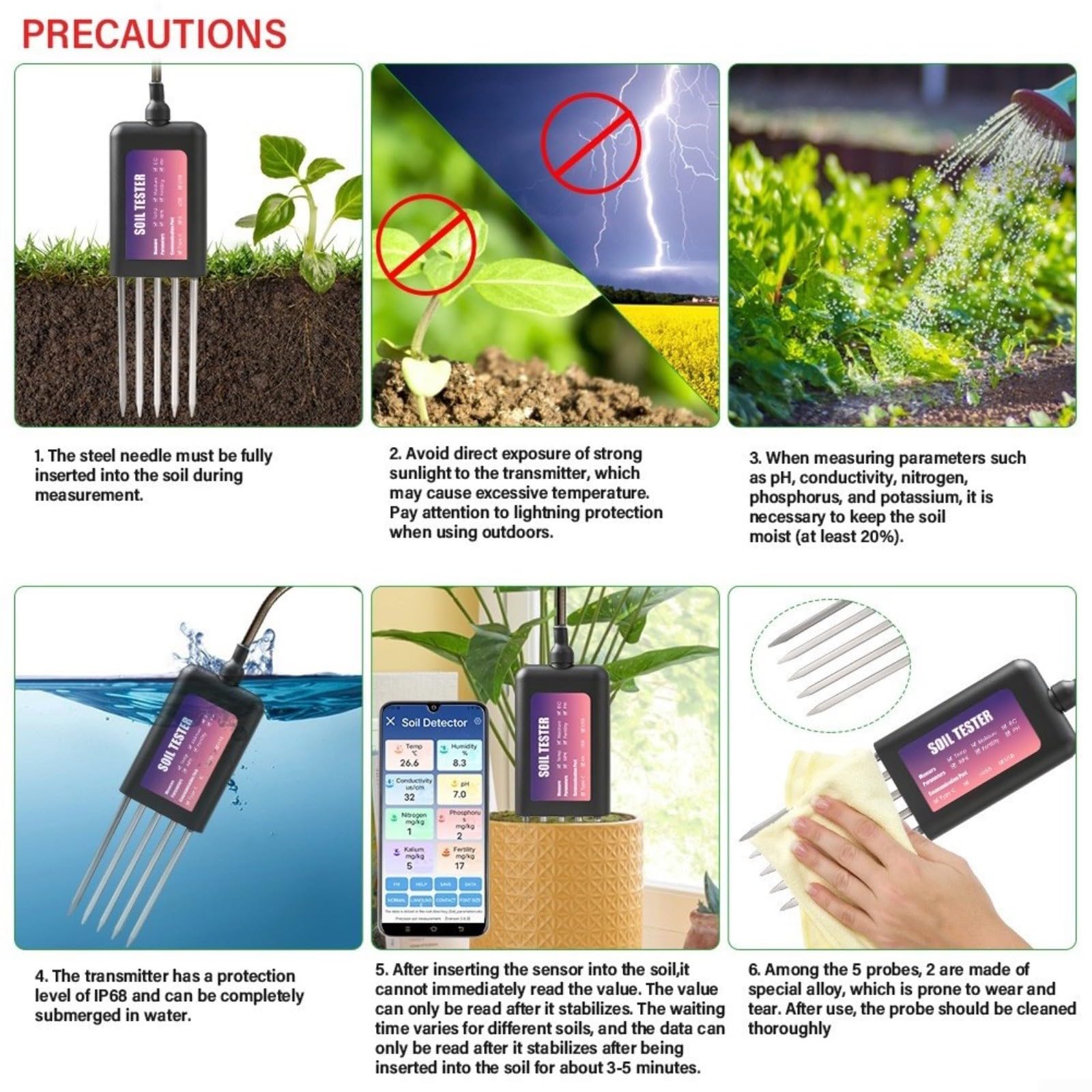 1 paquete para probador inteligente de suelo NPK medidor de temperatura de humedad pH para monitoreo de granja de jardín datos en tiempo real IP68 impermeable negro