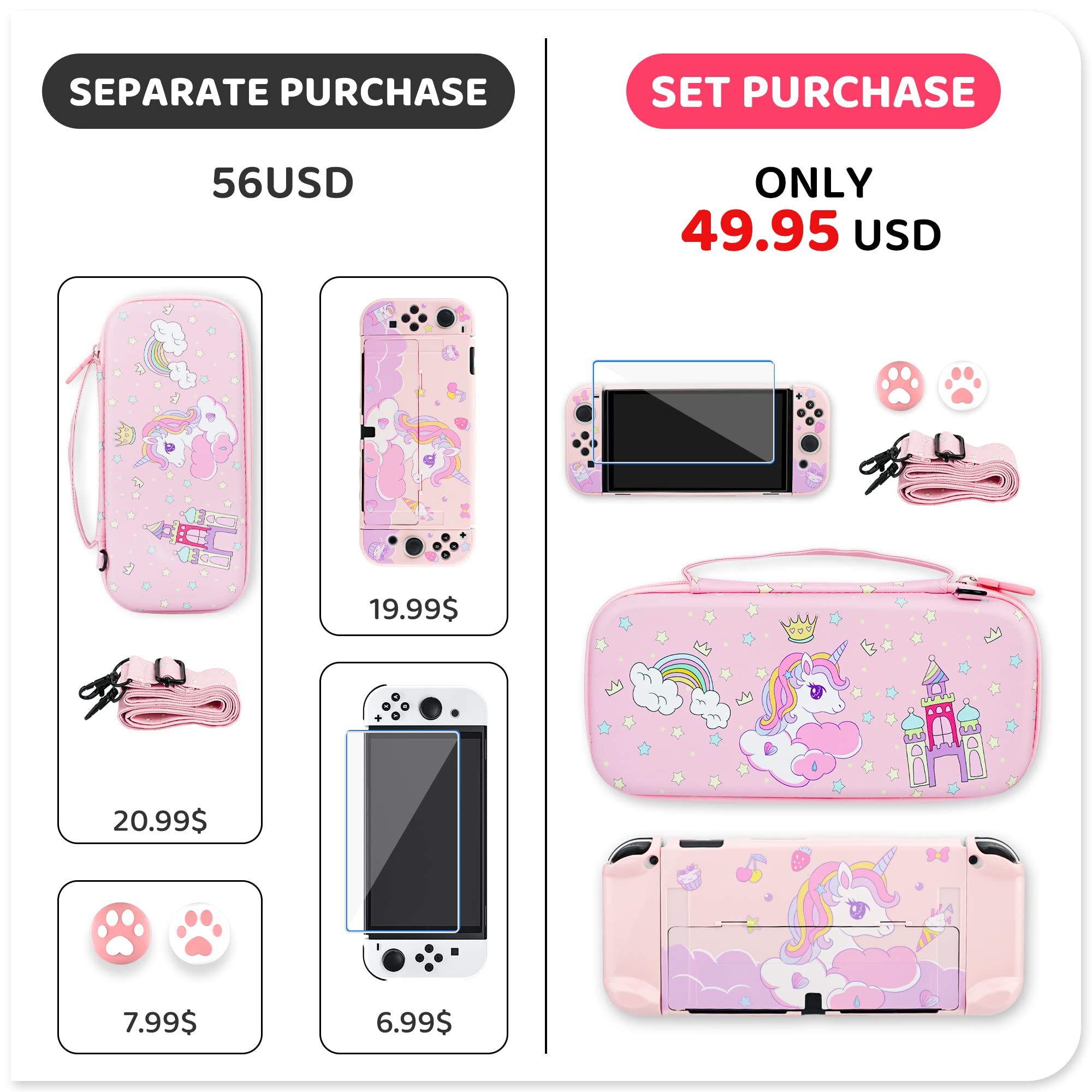 RHOTALL Einhorn-Tragekoffer-Set für Nintendo Switch OLED, Rosa Aufbewahrungstasche für Switch OLED und Zubehör mit Schutzhülle, Bildschirmschutz, verstellbarem Schultergurt und 2 Daumenkappen