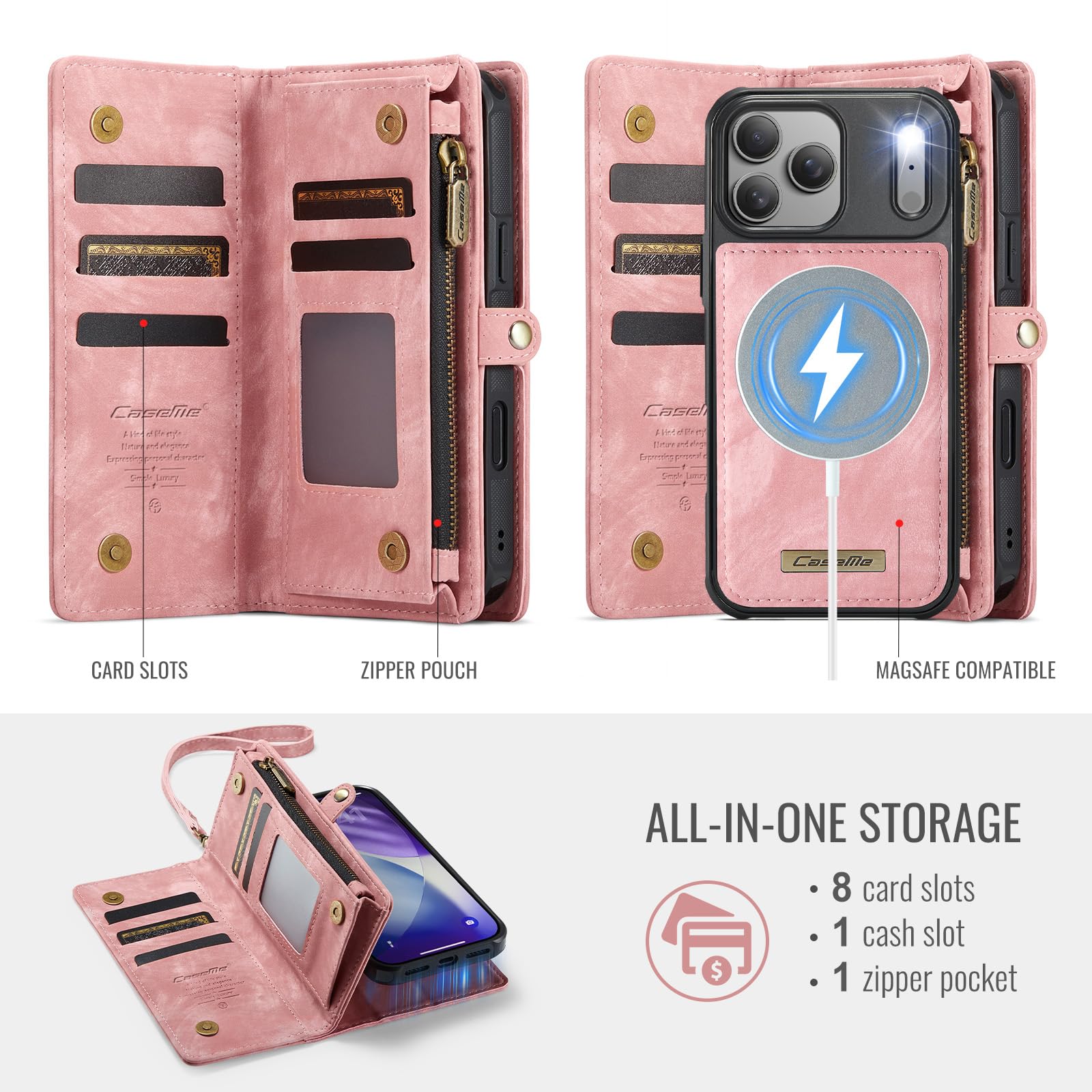 Etui portfelowe na iPhone'a 17 Pro, z 8 przegródkami na karty, magnetyczne zamknięcie, kieszeń na zamek błyskawiczny, odpinane magnetyczne wzornictwo 2 w 1, wysokiej jakości skóra PU, z paskiem