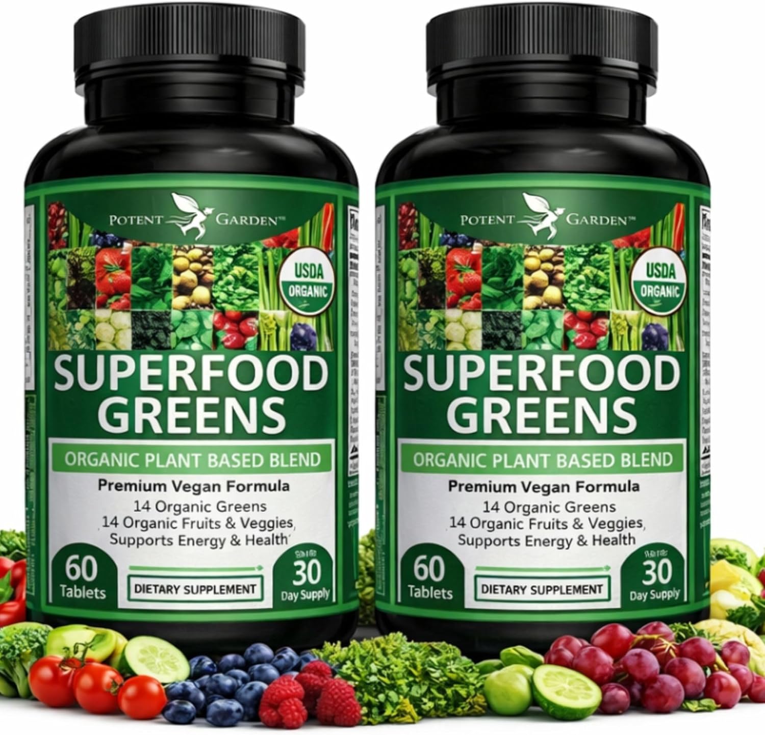 Potent Garden 2-Pack Organic Superfood Greens, Fruit and Veggie Supplement Rich in Vitamins & Antioxidants with Alfalfa, Beet Root & Tart Cherry to Boost Energy, Immunity & Gut Health, 120 Ct