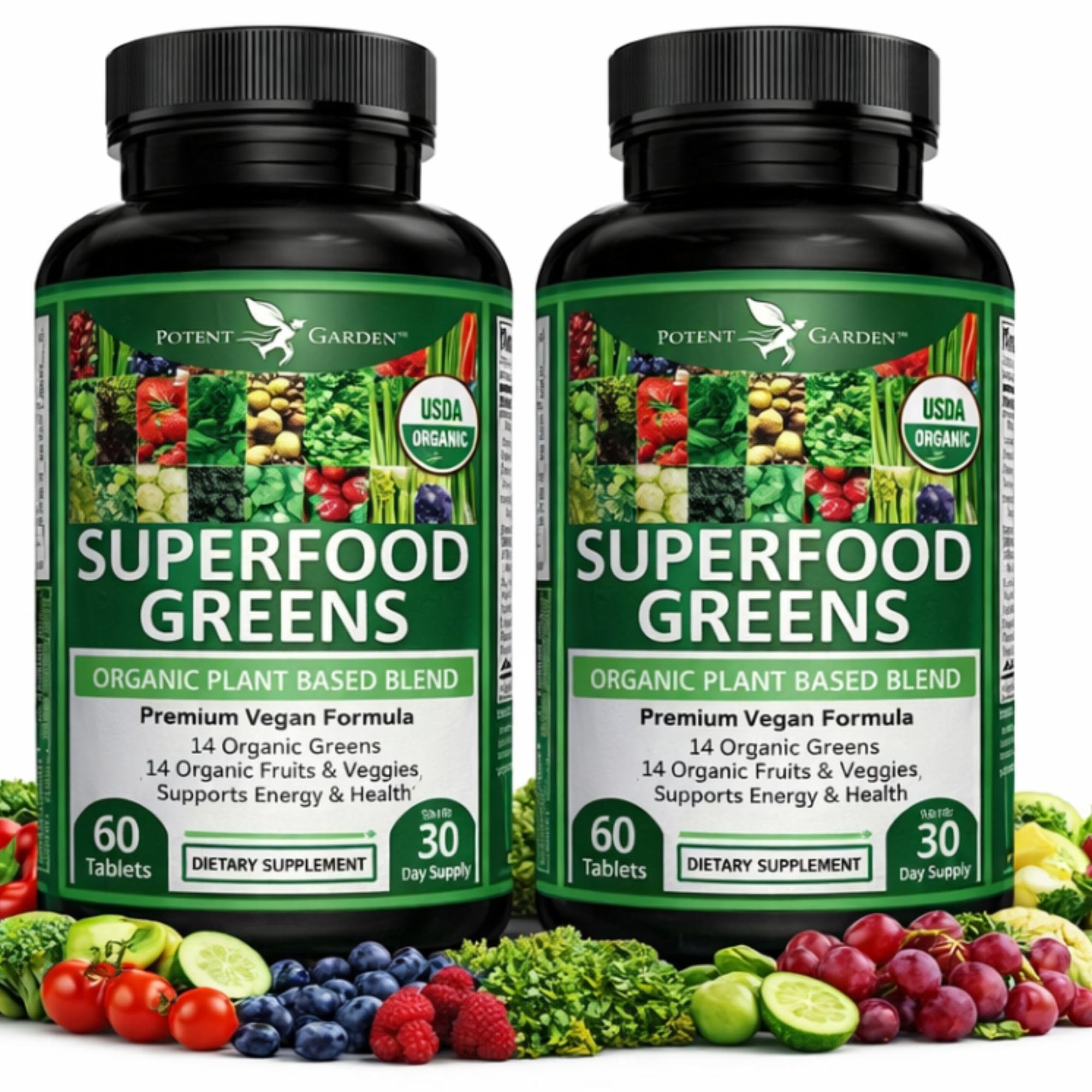 Potent Garden 2-Pack Organic Superfood Greens, Fruit and Veggie Supplement Rich in Vitamins & Antioxidants with Alfalfa, Beet Root & Tart Cherry to Boost Energy, Immunity & Gut Health, 120 Ct