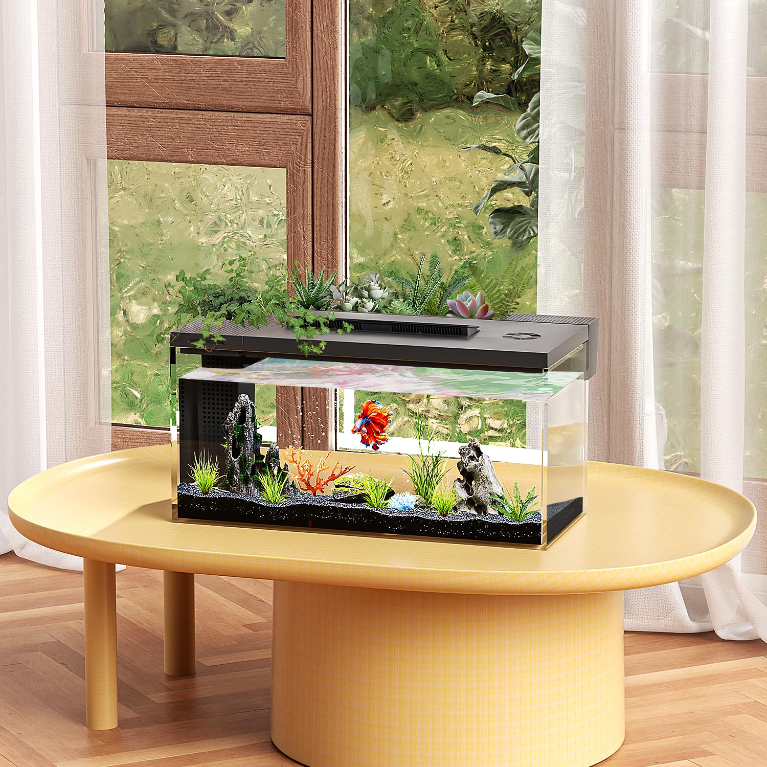 ERAARK Tanque de peces Betta de 3.7 galones autolimpiable, kit de acuario inteligente, pecera pequeña con bomba de agua ligera de filtro, kits de iniciación de pecera