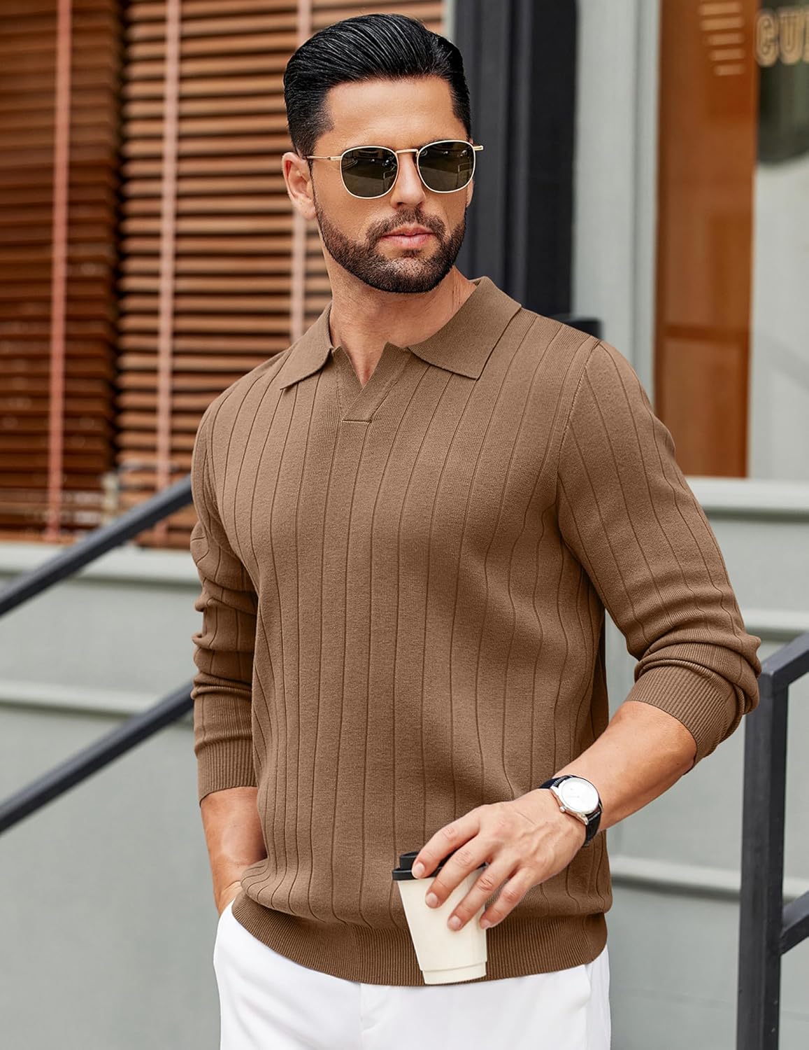 COOFANDY Mens Sweaters Polos Long Sleeve V Neck Knit Polo Lightweight Casual Pullover Sweater - Image 5