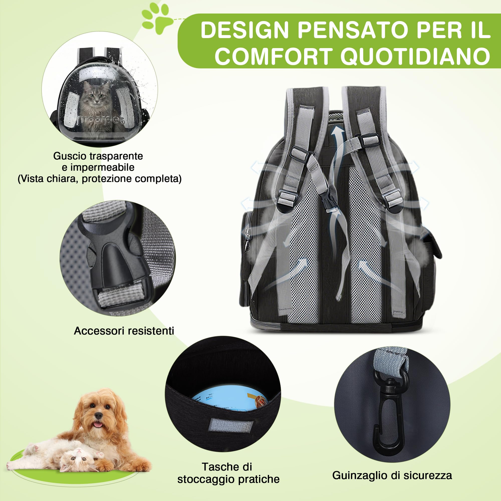 ALLSOPETS Zaino per Gatti e Cani, Zaino Trasportino Gatto con Design a Bolle, Pieghevole e Portatile, per Animali Fino a 7,5 kg, per Viaggi, Escursioni e Cliniche Veterinarie (Nero Classico)