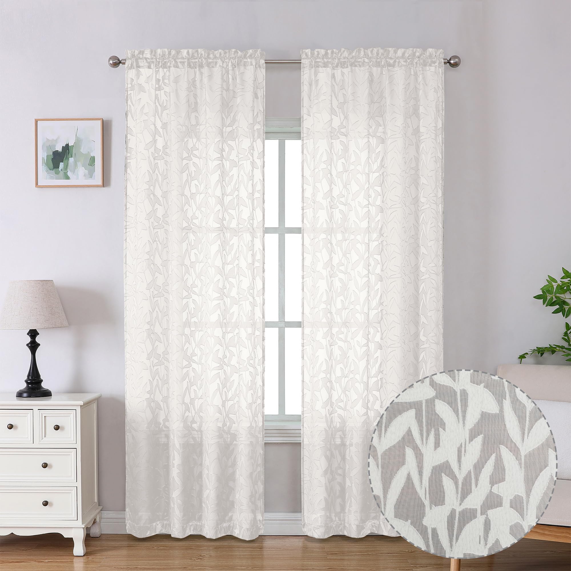 Lecloud Leia Bedroom Ivory Sheer Curtains 90 Inches Long 2 Panels, Texture Patio Door/French Door Curtain Dual Rod Pockets, Farmhouse Leaf Living Room Drapes Window Treatment, 40 W x 90 L