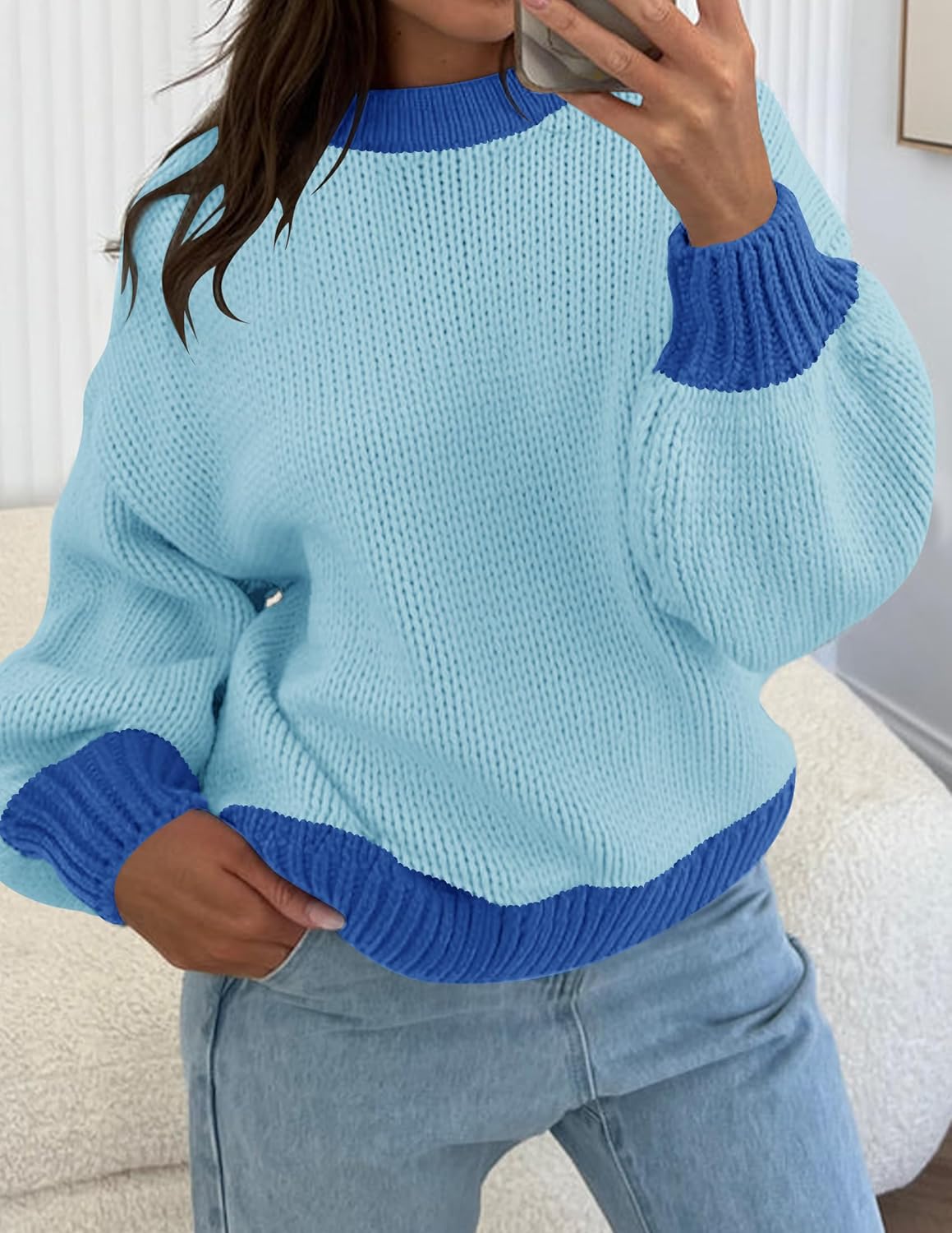 ZESICA Women's Casual Long Sleeve Crew Neck Pullover 2025 Fall Ribbed Knit Loose Contrast Color Sweater Tops - Image 3