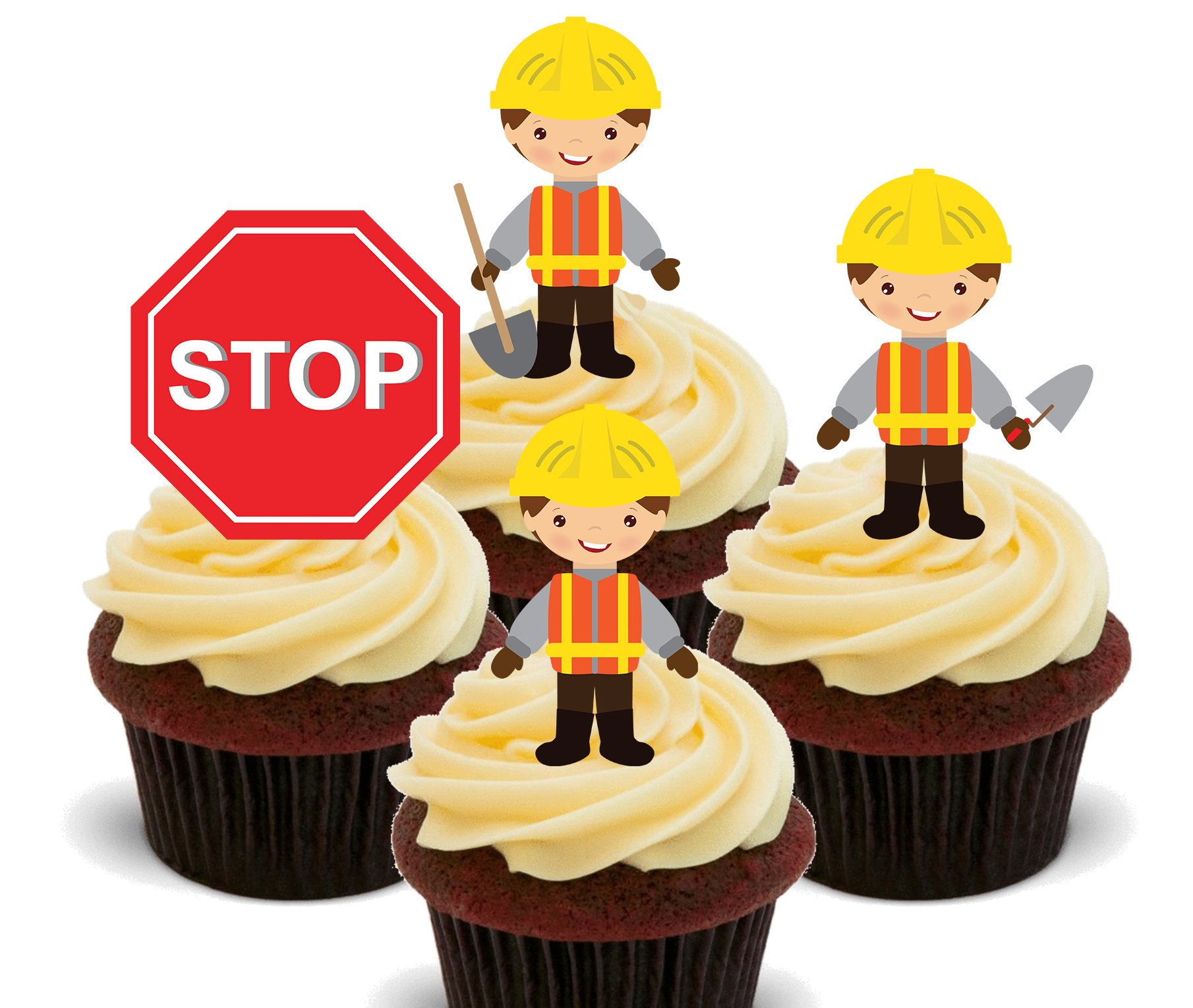 Made4You Builders/Construction Workers, Edible Cake Decorations - Stand-up Wafer Cupcake Toppers (Pack of 12)