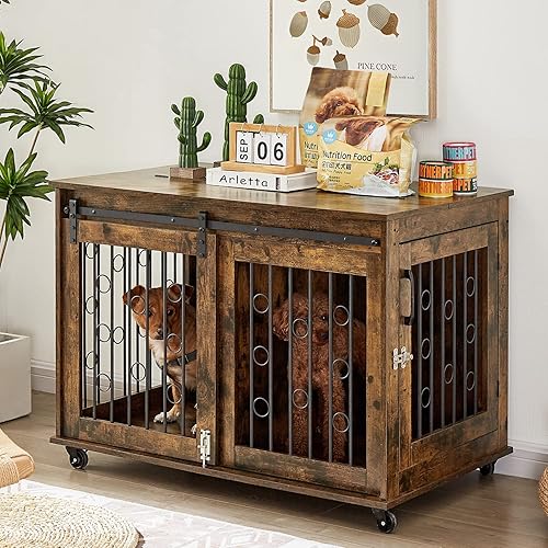 IchbinGo Muebles de jaula para perros con puerta corrediza de granero, mesa auxiliar de madera de 39 pulgadas con ruedas y placa abatible, casa para disponible en Yaxa Colombia
