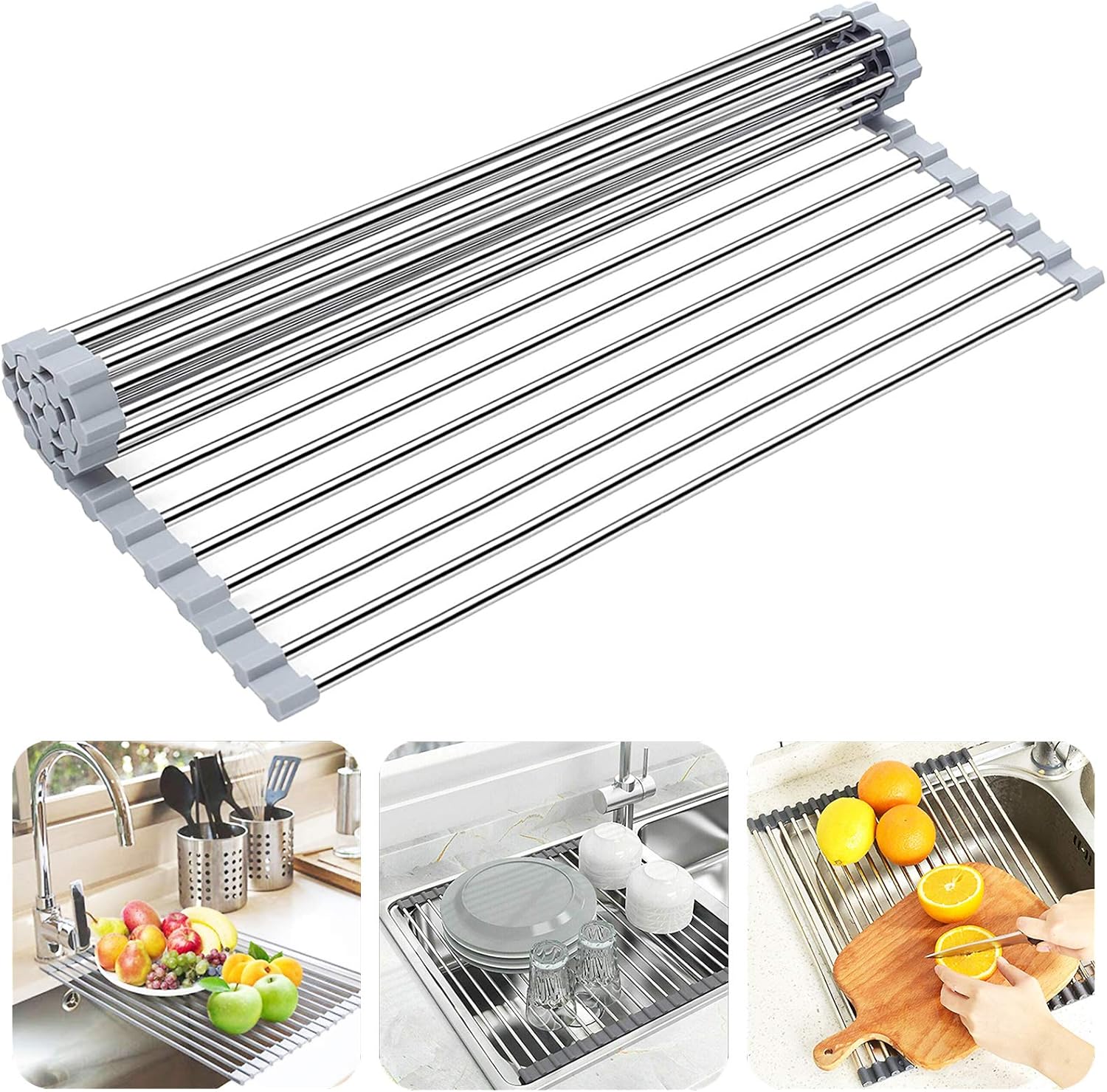 Searik Roll up Dish Drying Rack, Over The Sink Kitchen Sink Dish Rack Multipurpose Stainless Steel Dry Rack Dish Drainer Foldable Dish Drying Rack for Sink Counter (20.5″x13.8″)