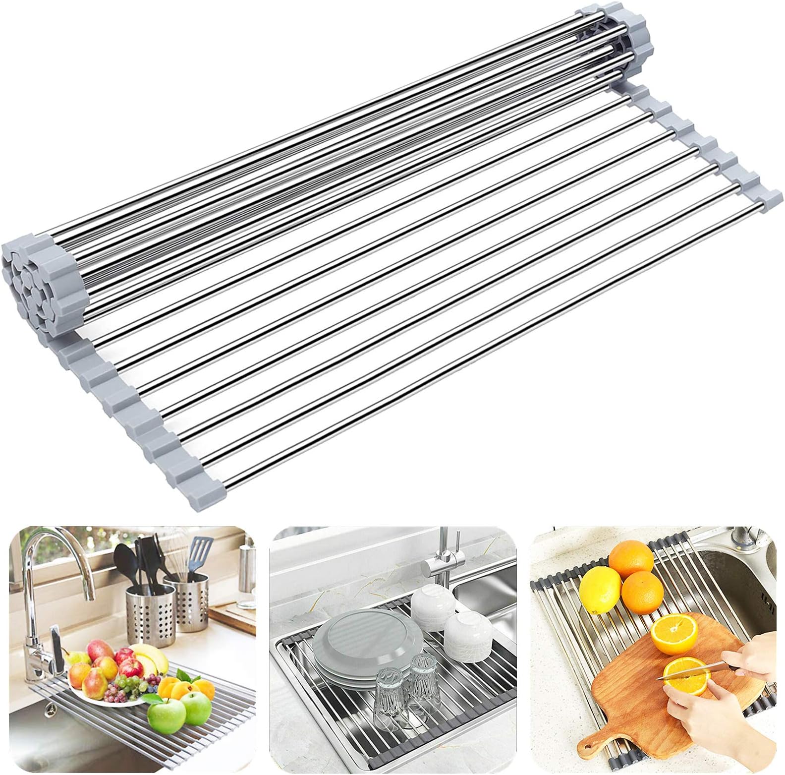Searik Over The Sink Dish Drying Rack, Roll up Sink Dish Drainer Rack Multipurpose Foldable Kitchen Stainless Steel Dish Rack Sink Drying Rack (17.7” x 11.8”)