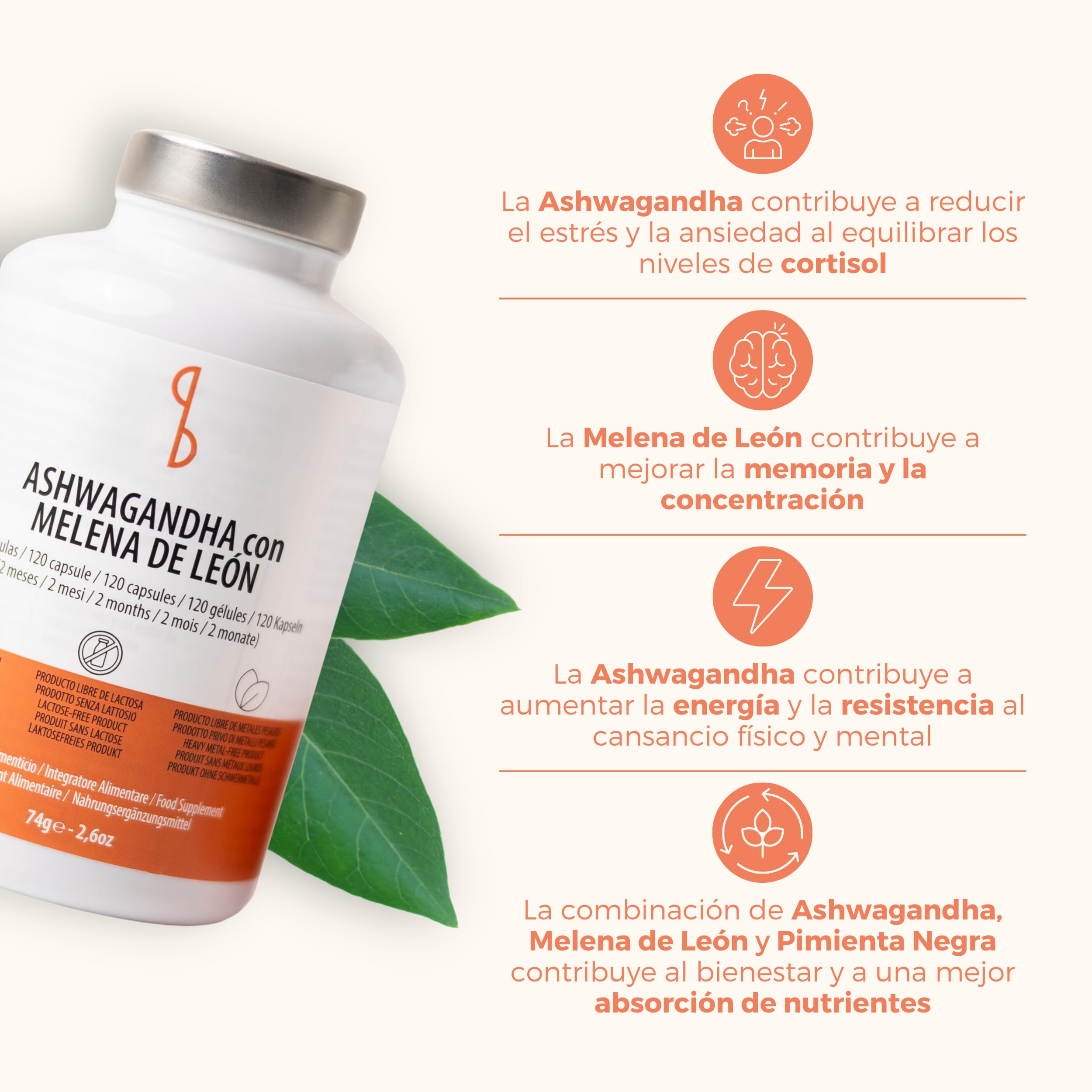 Ashwagandha con Melena de Leon | Adaptógenos Anti-Estrés y Nootropicos Memoria y Concentracion | Lions Mane y Ashwagandha con Pimienta Negra | Complementos Alimenticios en Cápsulas