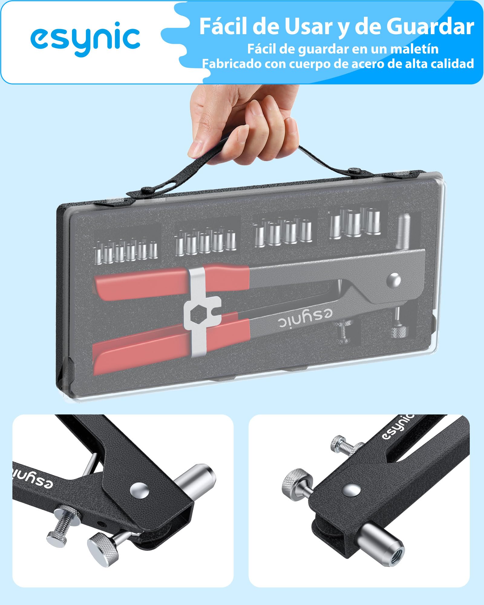 eSynic Remachadora con Remaches de 86 Piezas Pistola Remachadora Profesional con M3, M4, M5, M6, M8 Tuerca de Remache Herramienta Robusta y Ergonómica para Trabajos de Reparación
