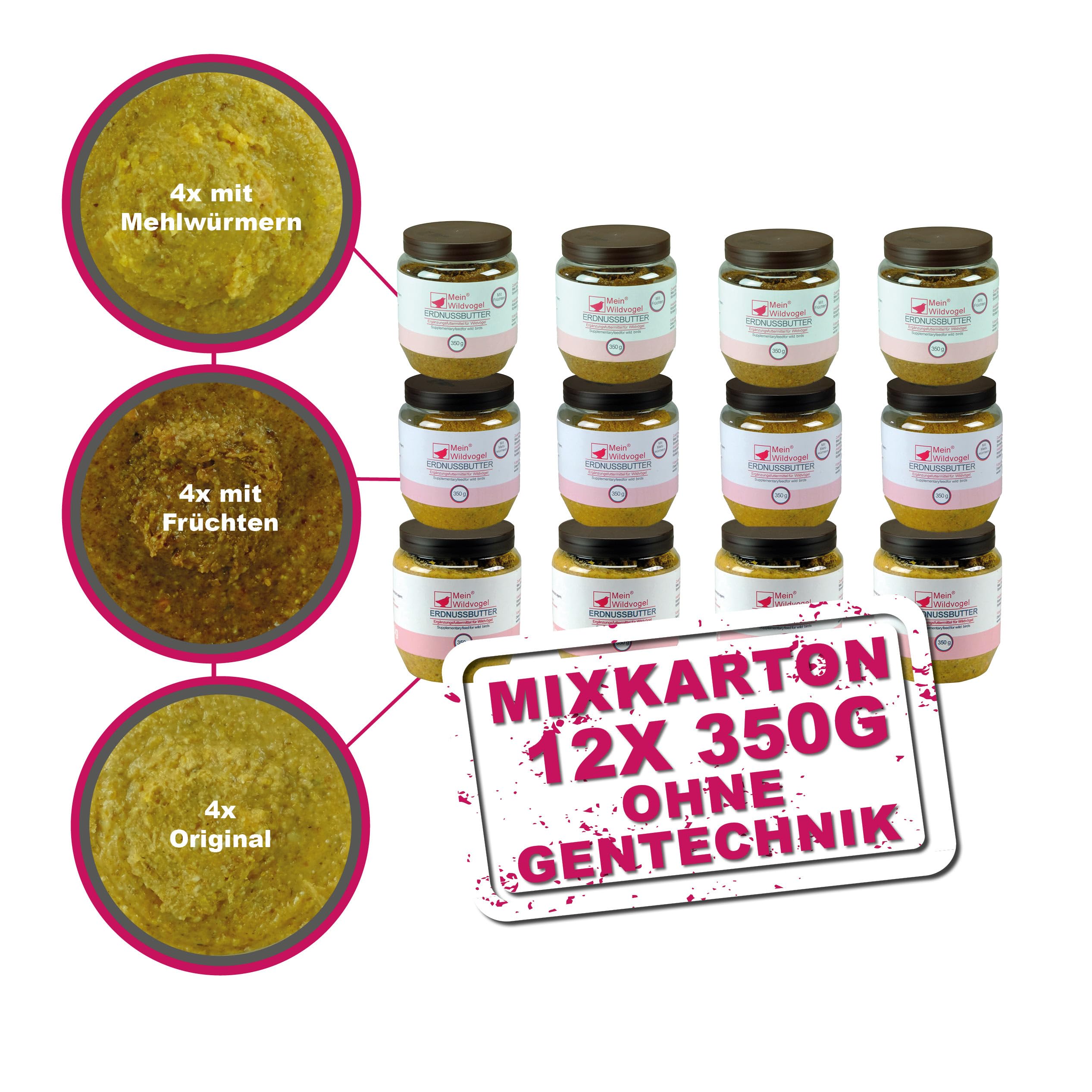 MeinWildvogel Erdnussbutter Mix-Karton 12x 350g, nährstoffreiches Wildvogelfutter - Fettfutter mit Sonnenblumenkerne für Wildvögel und Gartenvögel. Ganzjähriges Weichfutter, ohne Gentechnik