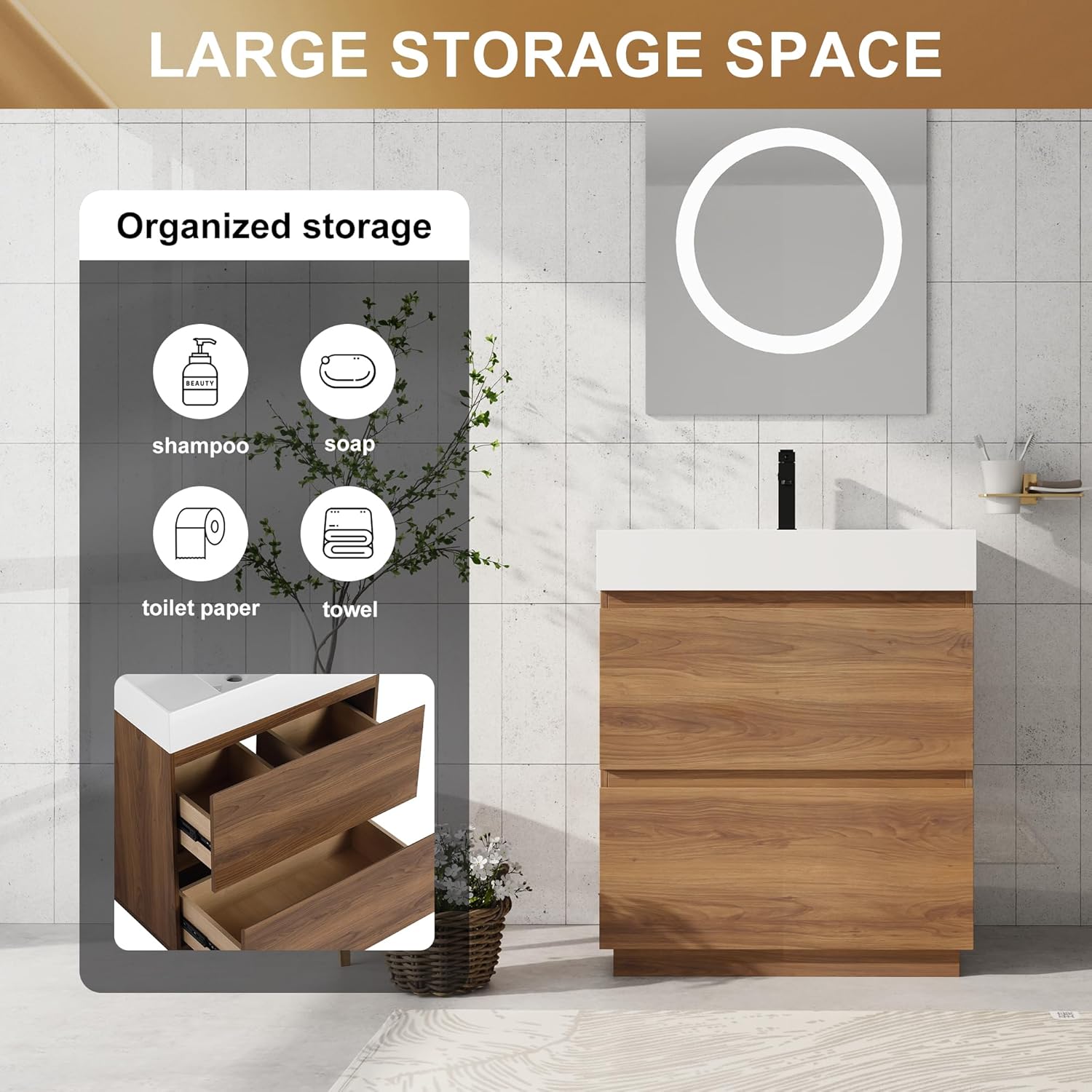 30 inch Bathroom Vanity with Sink, Modern Freestanding Bathroom Cabinet with Thick Edged Ceramic Basin Top & Soft Close Drawers, 30" Single Sink Bathroom Vanity, Brown