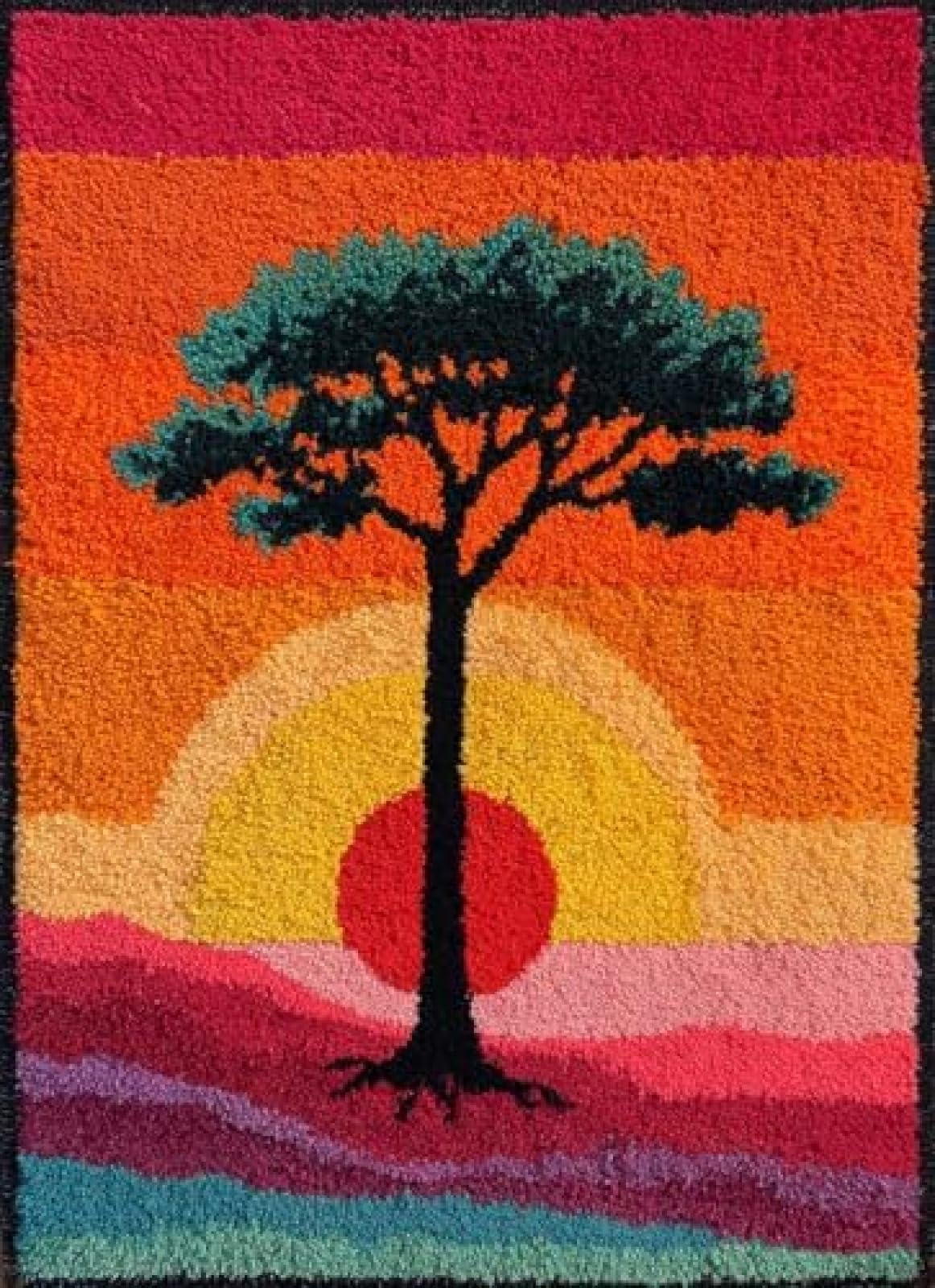 XDEGHUANGSS Latch Hook Rug Kit Elm Tree and Sunset with Pre-Printed Mat Cover DIY Cushion Crochet Yarn Hooking Craft Set for Floor Decor 38x52cm