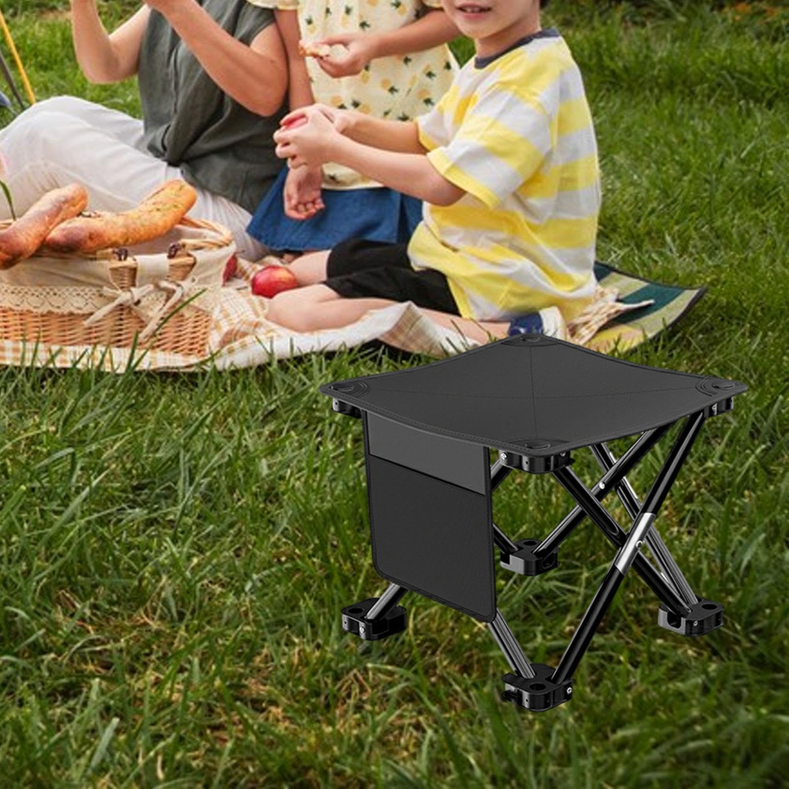 rockible Folding Camping Stool with Side Pocket Sturdy Strong Load Bearing Foot Stool Small Foldable Chair for Backpacking Patio Lawn, Black, 28cmx28cmx23cm