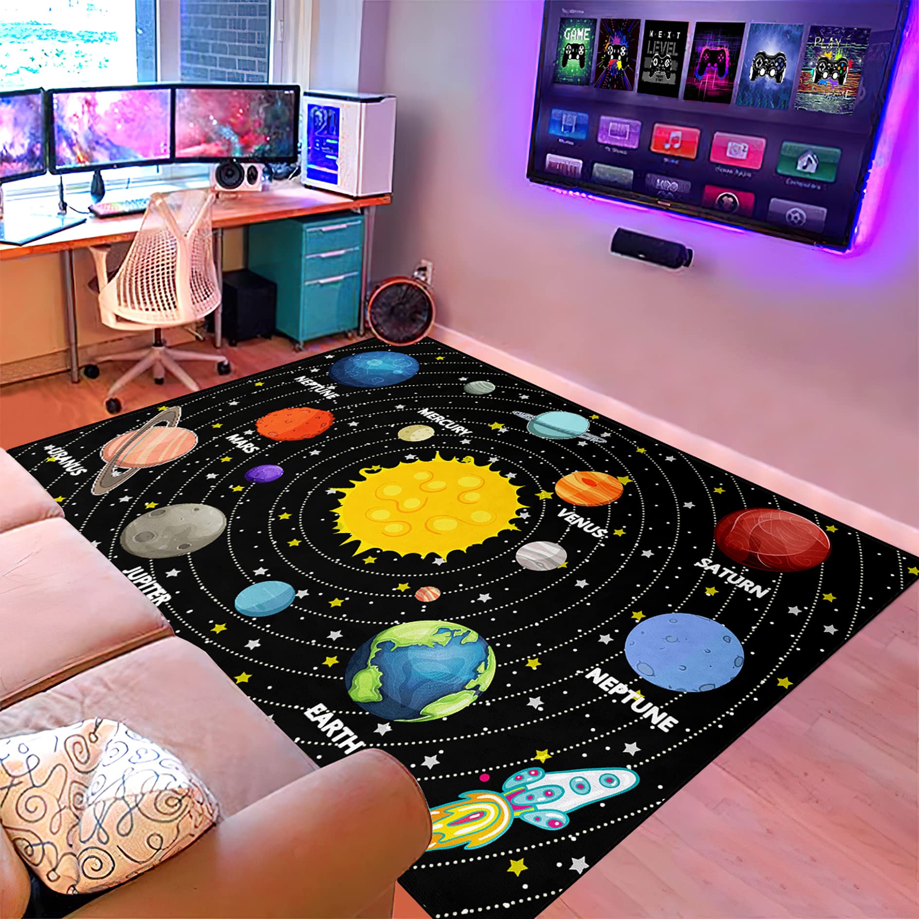 Boys Rugs for Bedroom Kids Rugs for Playroom Kids Carpet for Bedroom Boys Outer Space Large Area Carpet Memory Foam Thicken Kids Play Mats, Space, 5'×7'