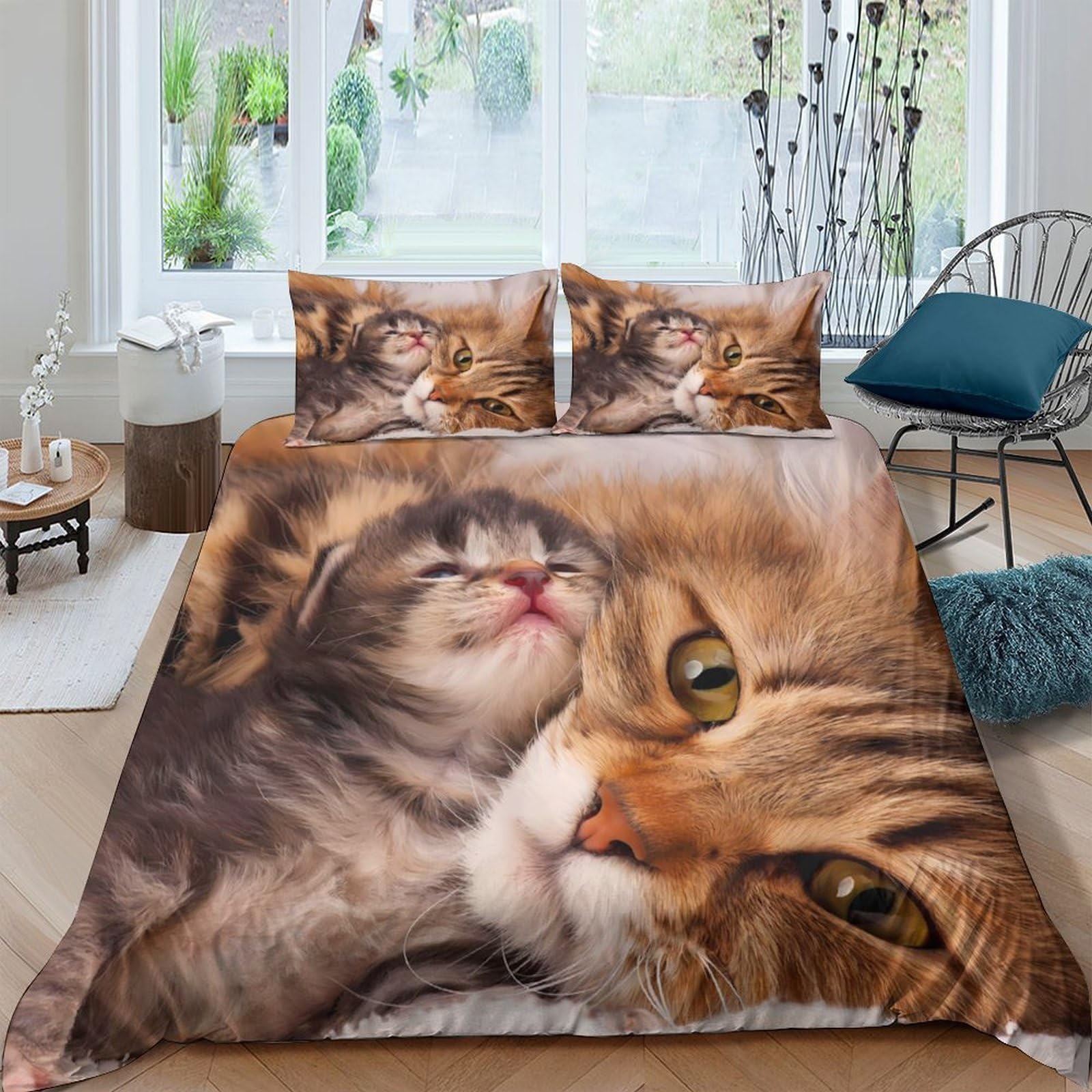 GPLZQXKJNH 3D Printed Tabby Cat Family Duvet Cover Microfiber Soft Breathable Kitten Bedding Set with 2 Pillowcases for Bedroom Decor, Single（135x200cm）