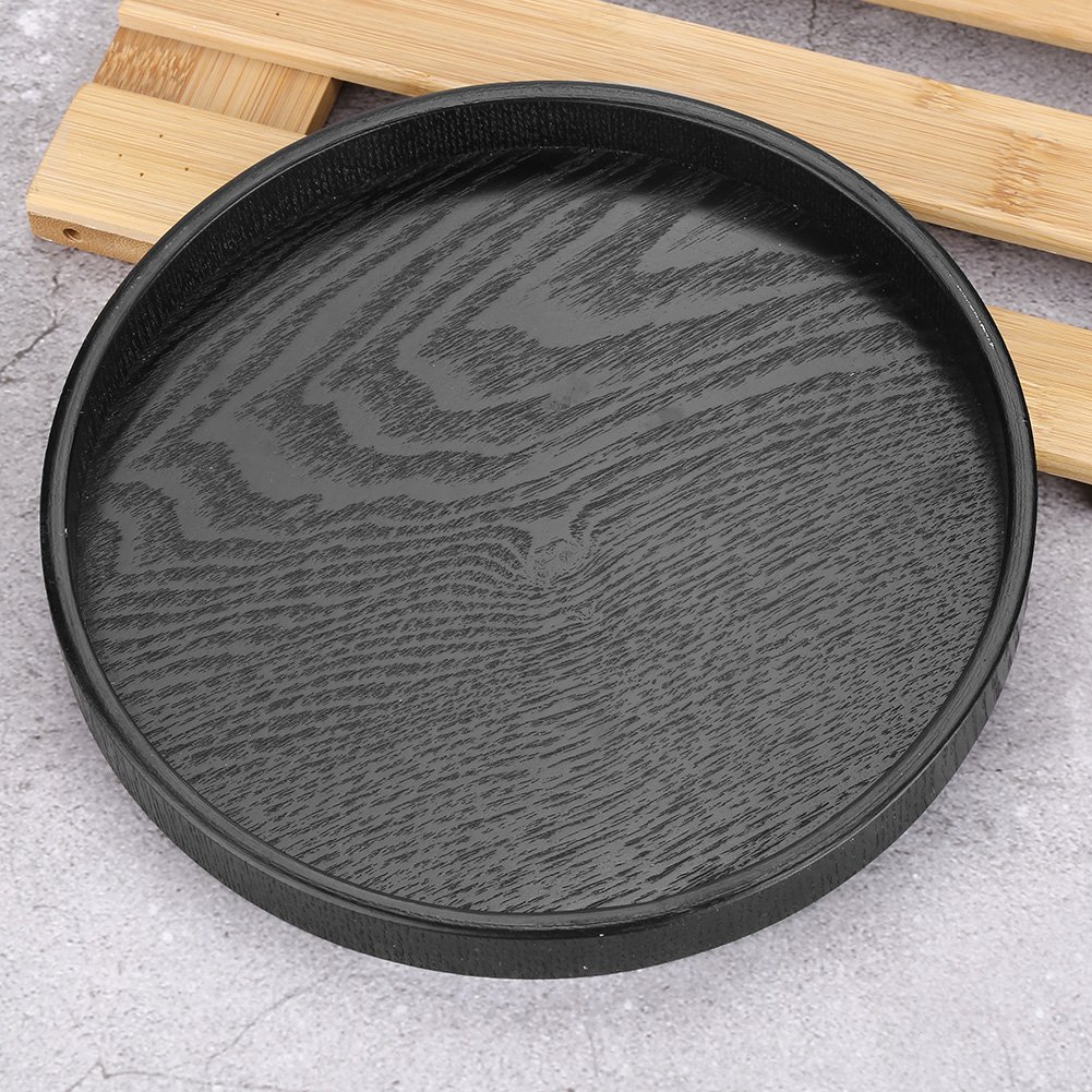 Herchr Black Round Tray,24Cm 9.45Inch Single Round Bar Tray Wooden Coffee Snack Food Meals Transfer Tea Coffee Snack Food Meals Serving Plate For Table Dishes Fruits Breakfast Restaurant Hotel