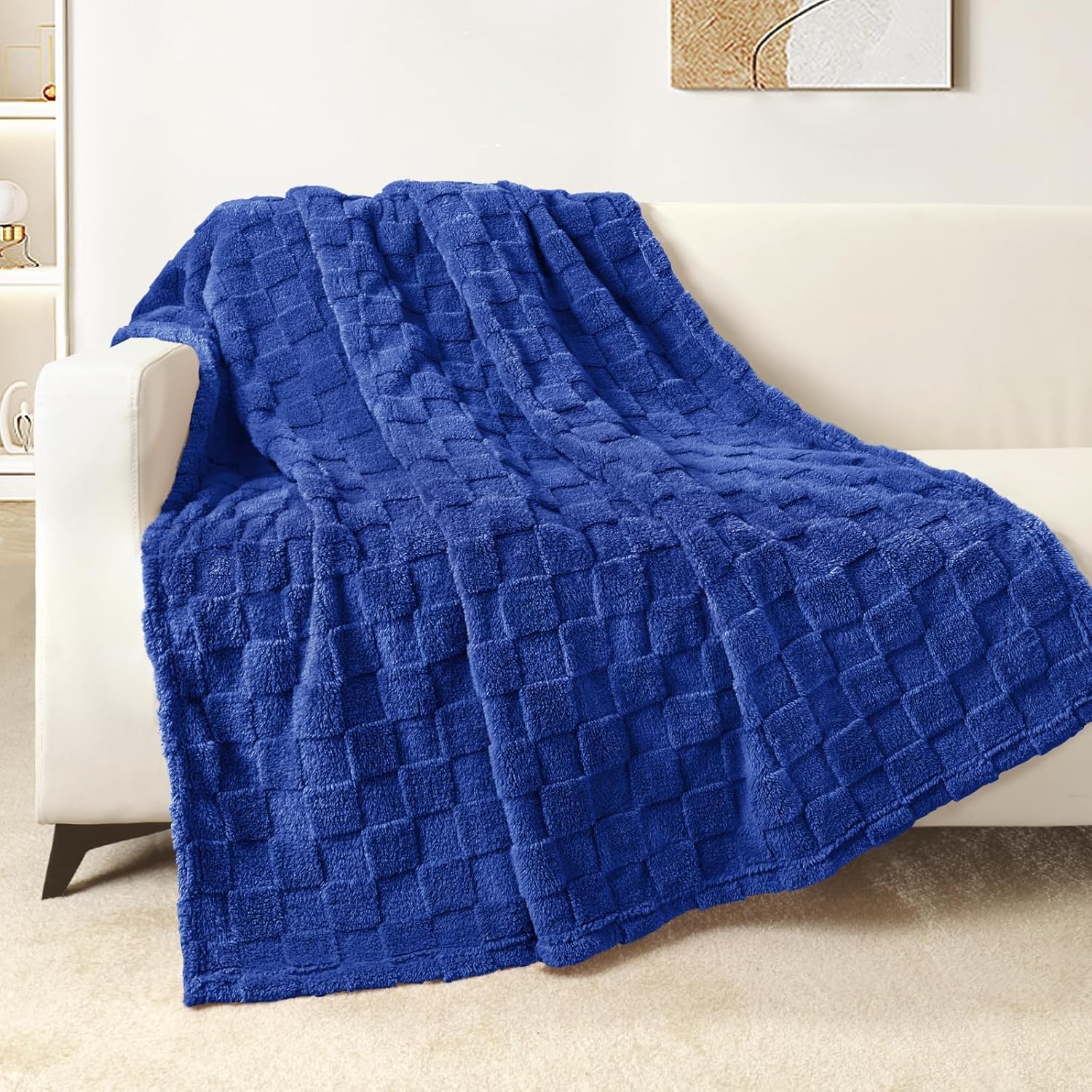Exclusivo Mezcla Fleece Throw Blanket for Couch,Super Soft and Warm Lightweight Checkered Pattern Blankets for All Seasons, 50x60 Inches, Cobalt Blue - Image 2