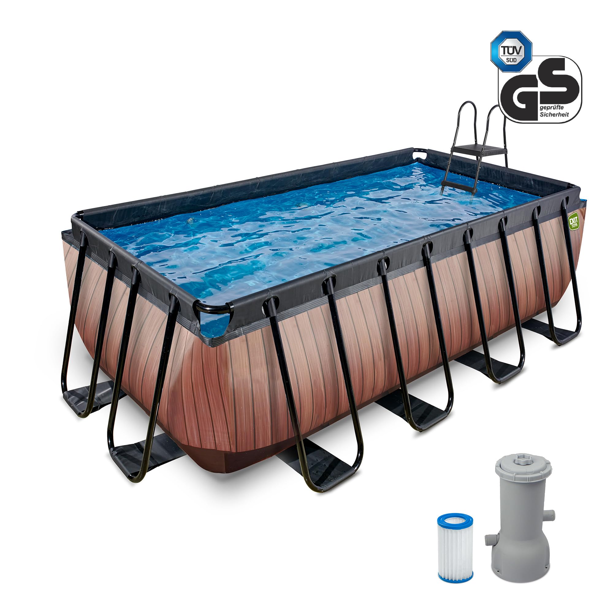 EXIT Toys Piscine Wood - 400x200x122cm - Grande Piscine à Cadre rectangulaire avec Pompe à Filtre à Cartouche - Piscine Extra Profonde - Cadre Solide - Comprend échelle de Piscine - Marron