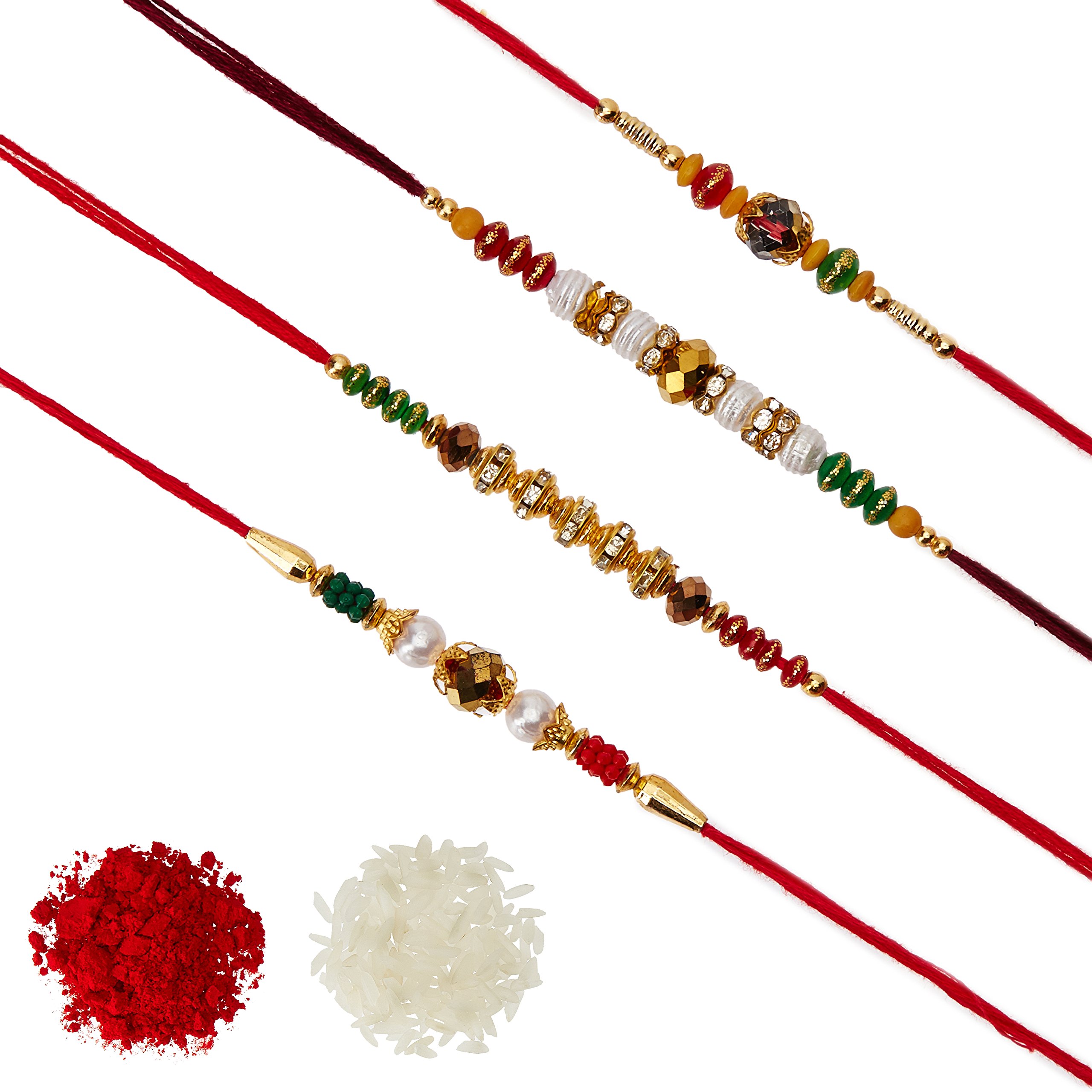 Aheli Pack of 4 Rakhi for Men with Roli Chawal Tilak - Crystal Red Green Beads AD Ring ( R4P04) (B07FCQSXPS) Amazon Price History, Amazon Price Tracker