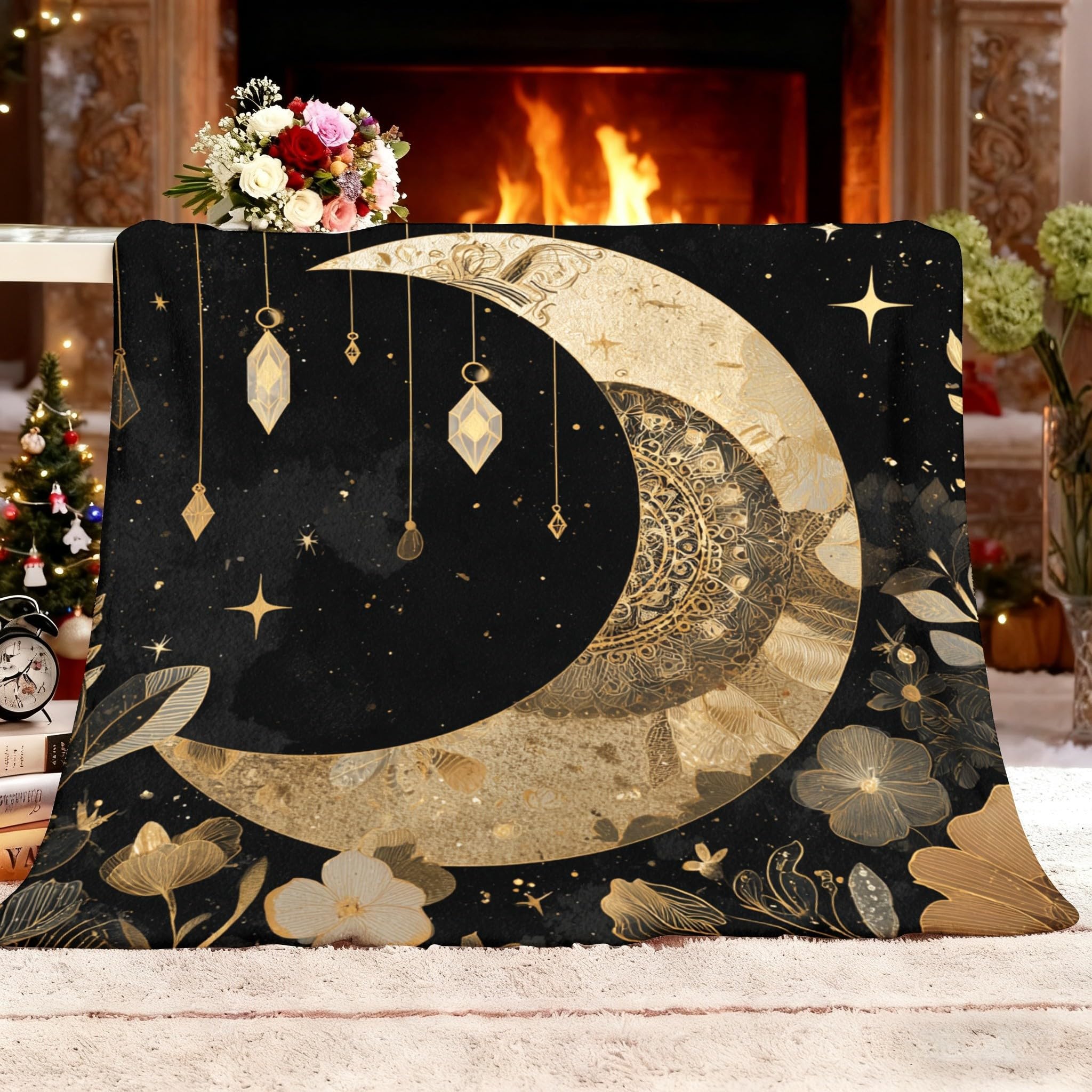 Couverture chaude de canapé noire au motif lune pour des soirées d'hiver cocooning