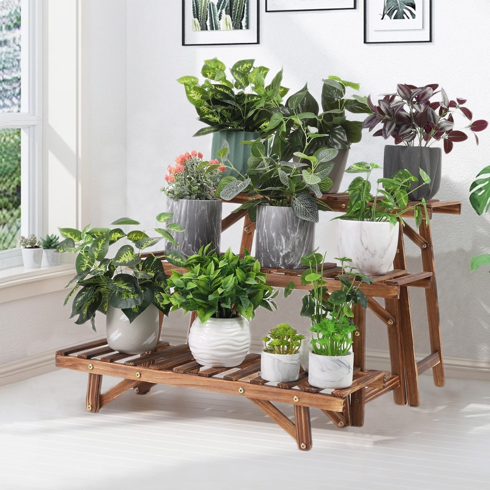 Support de fleurs à 3 niveaux autonome en bois pour plantes d'intérieur et d'extérieur