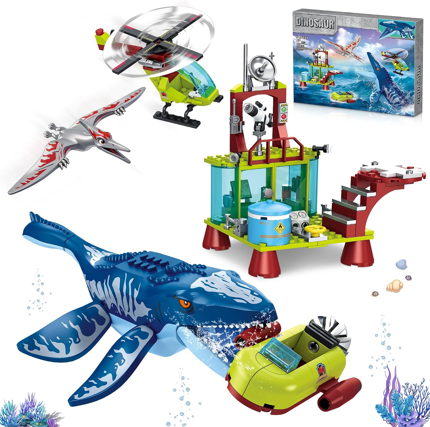 Ocean Explorer Mosasaurus Dinosaur Building Set Compatible with Dinosaur Park World, Include Mosasaurus, Pterosaur, Boat, Helicopter, Research Station, Dino Toys Gift for Kids Boys Age 6-12