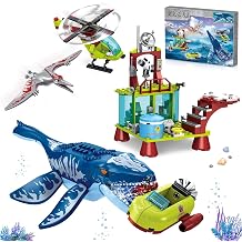 Ocean Explorer Mosasaurus Dinosaur Building Set Compatible with Dinosaur Park World, Include Mosasaurus, Pterosaur, Boat, Helicopter, Research Station, Dino Toys Gift for Kids Boys Age 6-12