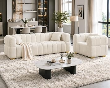 VANOMi 2 Piece Modern Furniture, Cloud Sofa and Accent Chair Set, Cream