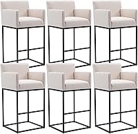 Vista 28 de HNY Taburete de bar moderno de altura de mostrador, taburete de bar tapizado de tela de lino con respaldos, taburetes de isla de cocina de 27 crema