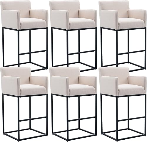 Miniatura 28 de HNY Taburete de bar moderno de altura de mostrador, taburete de bar tapizado de tela de lino con respaldos, taburetes de isla de cocina de 27 crema